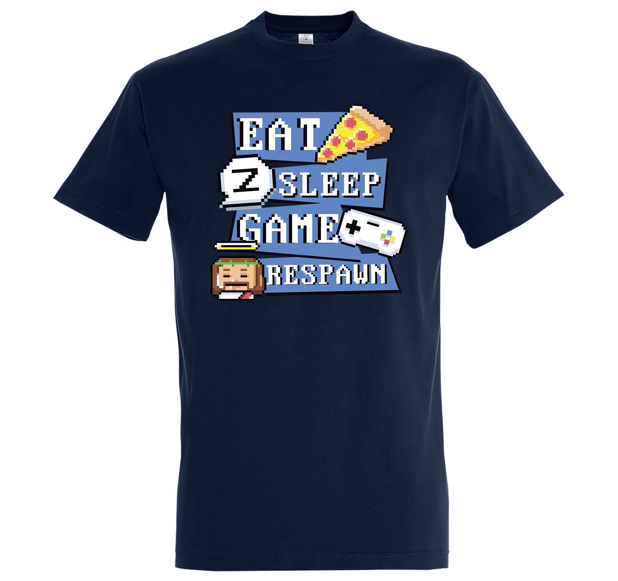 Designz Youth Respawn" T-Shirt Shirt Navyblau Sleep, Frontprint trendigem Herren "Eat, mit Game,