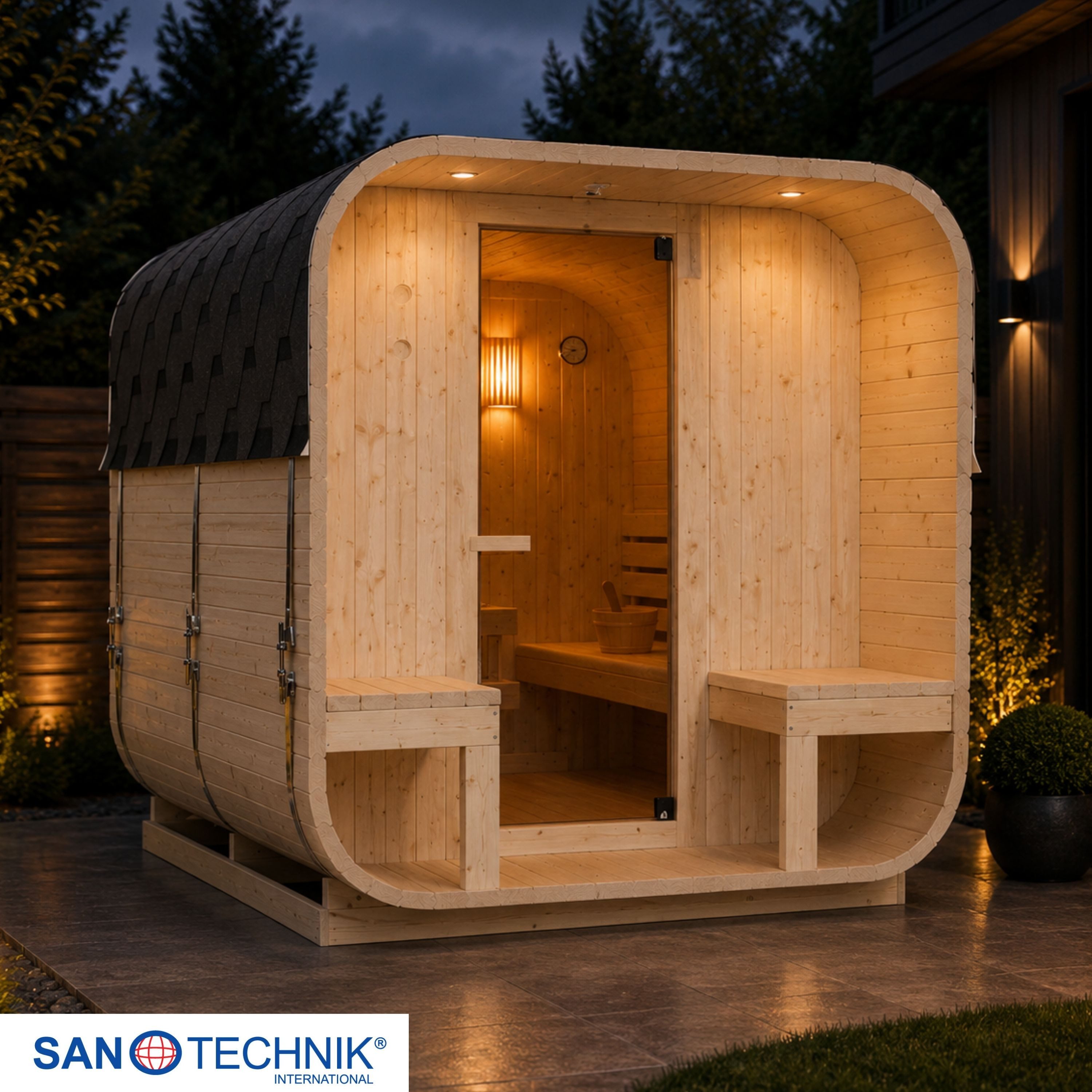 Sanotechnik Sauna Außensauna Göteborg, BxTxH: 188,2 x 194 x 220 cm, 38 mm, für 4 Personen; inkl. 8 kW Saunaofen und Saunasteine