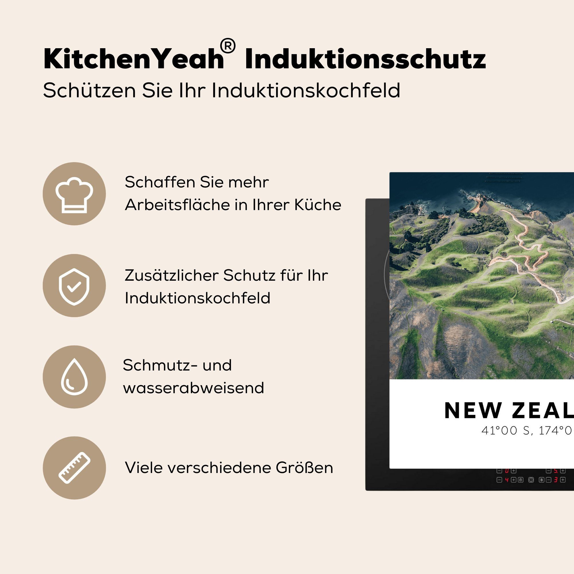 (1 Neuseeland küche Ceranfeldabdeckung, Vinyl, cm, für Meer MuchoWow Herdblende-/Abdeckplatte Arbeitsplatte - tlg), Grün, 78x78 -