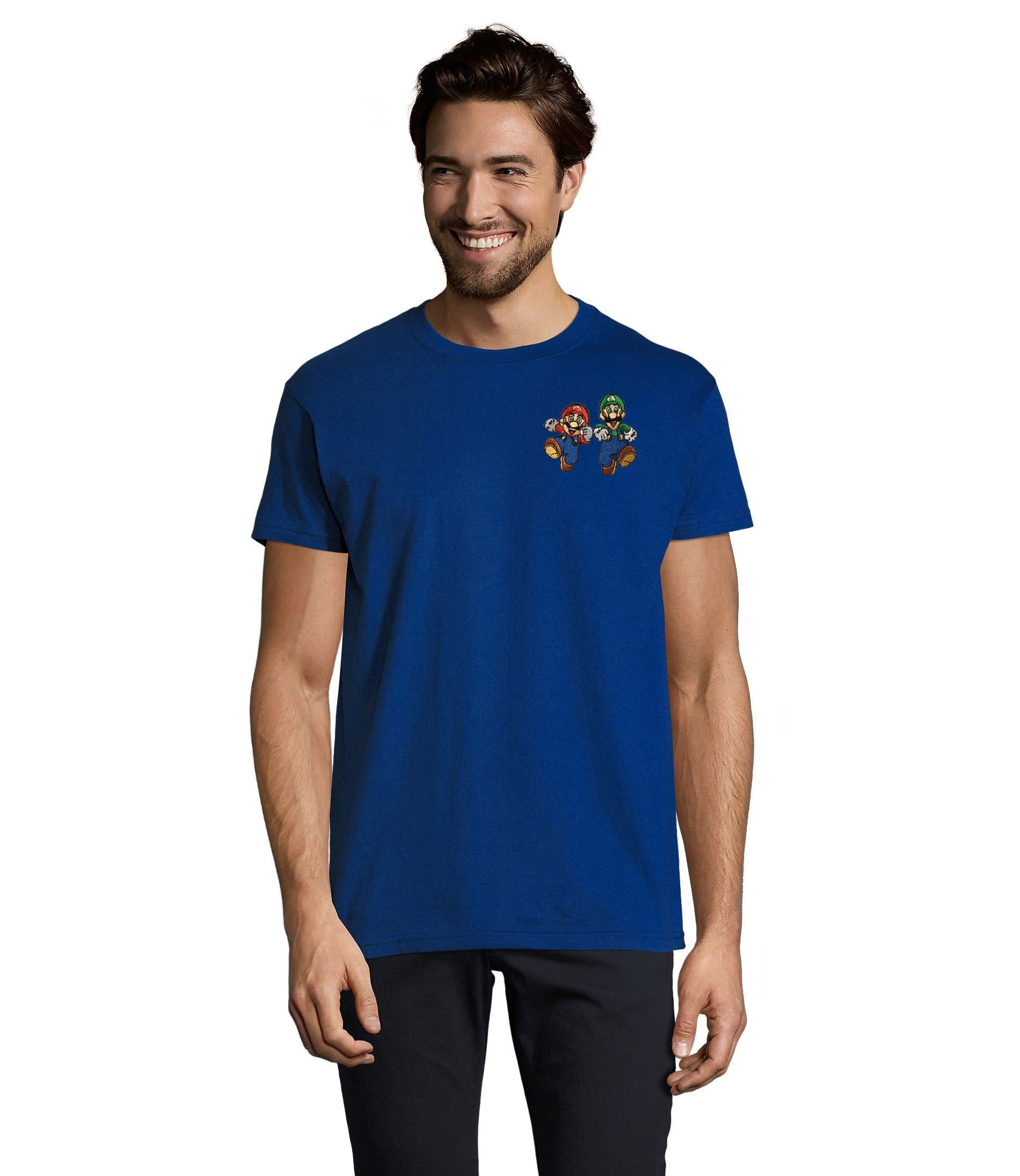 Blondie & Brownie T-Shirt Herren Mario & Luigi Brust Stick Peach Konsole Nintendo Gaming bestickt Blau