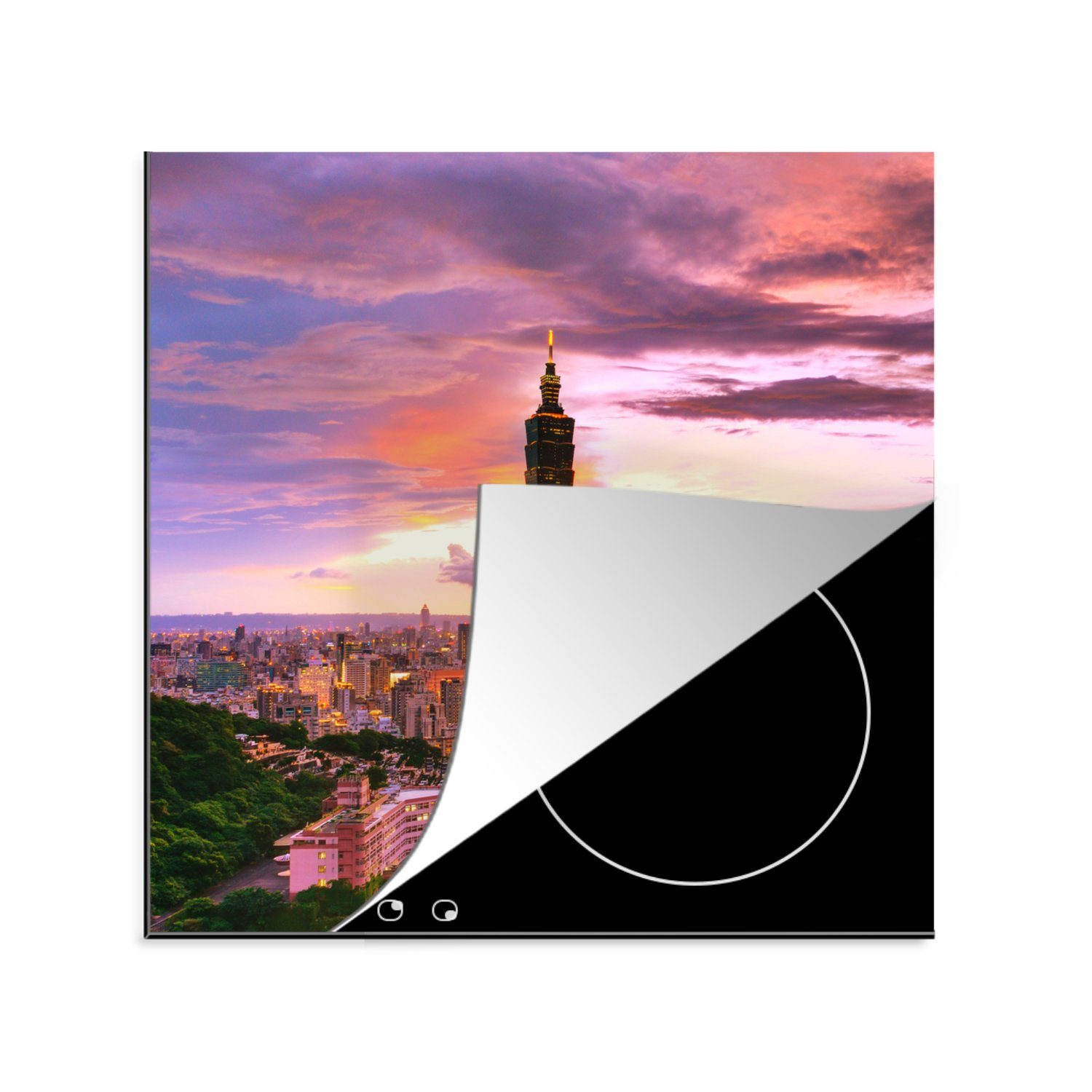 MuchoWow Herdblende-/Abdeckplatte Der taiwanesische Wolkenkratzer mit dem bunten Himmel, Vinyl, (1 tlg), 78x78 cm, Ceranfeldabdeckung, Arbeitsplatte für küche
