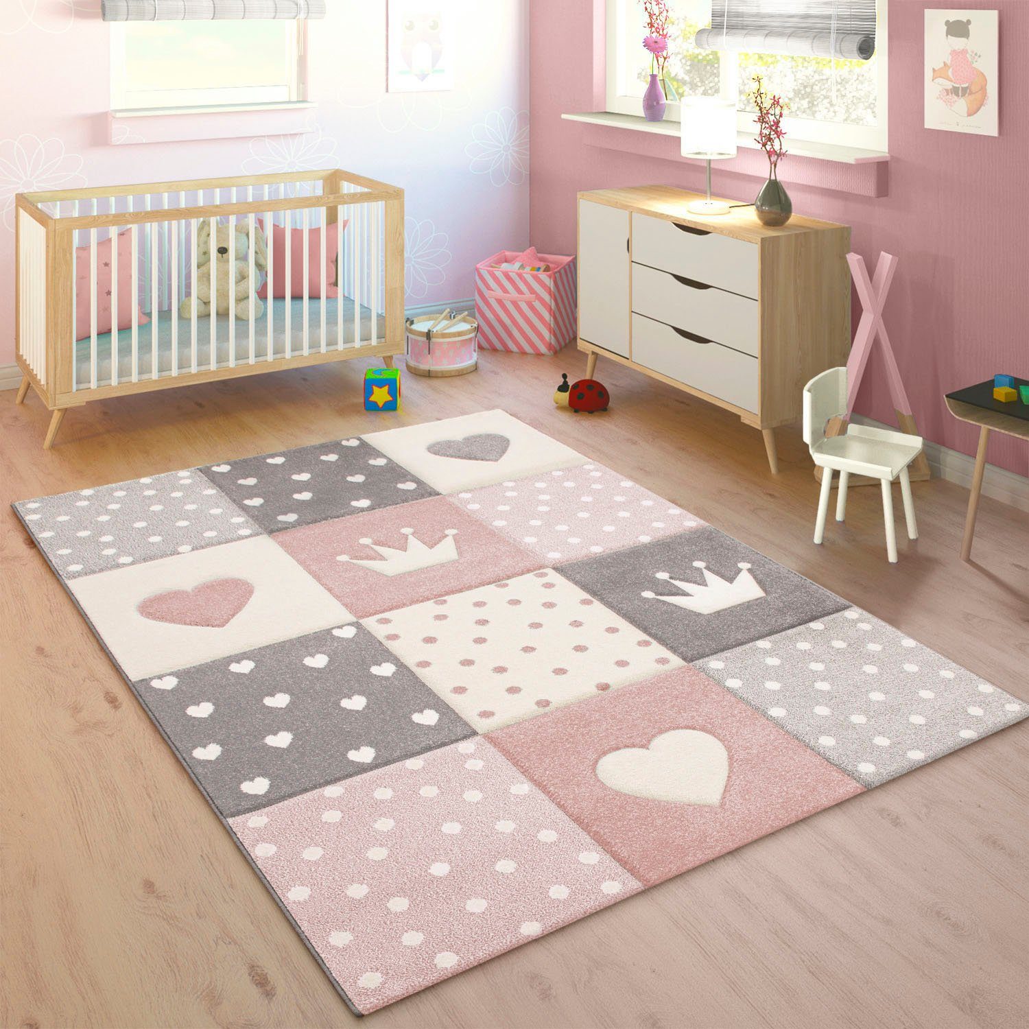 Paco Home Kinderteppich Cosmo 339, rechteckig, Höhe: 16 mm, Kurzflor, Pastell-Farben, 3D-Effekt, Motiv Herz, Punkte & Krone