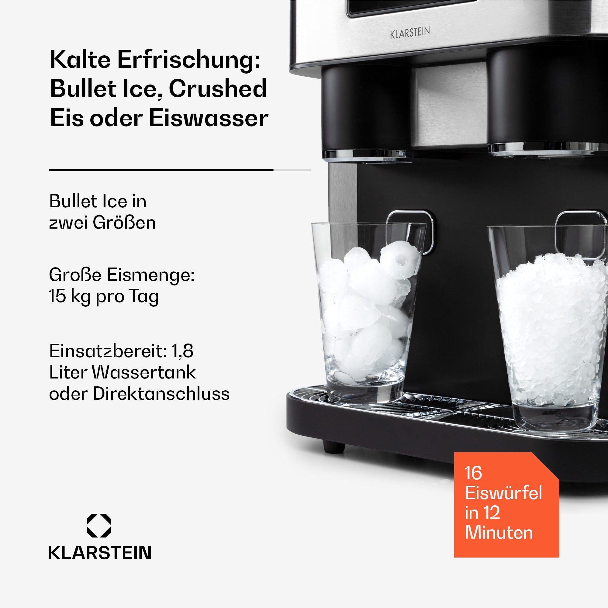Klarstein Eiswürfelmaschine Eiszeit Crush Eiswürfelmaschine 15 kg/24h 2 Größen Crushed Ice, Eiswürfelmaschine mit Crushed Ice Eiswürfelbereiter Ice Cube Maker