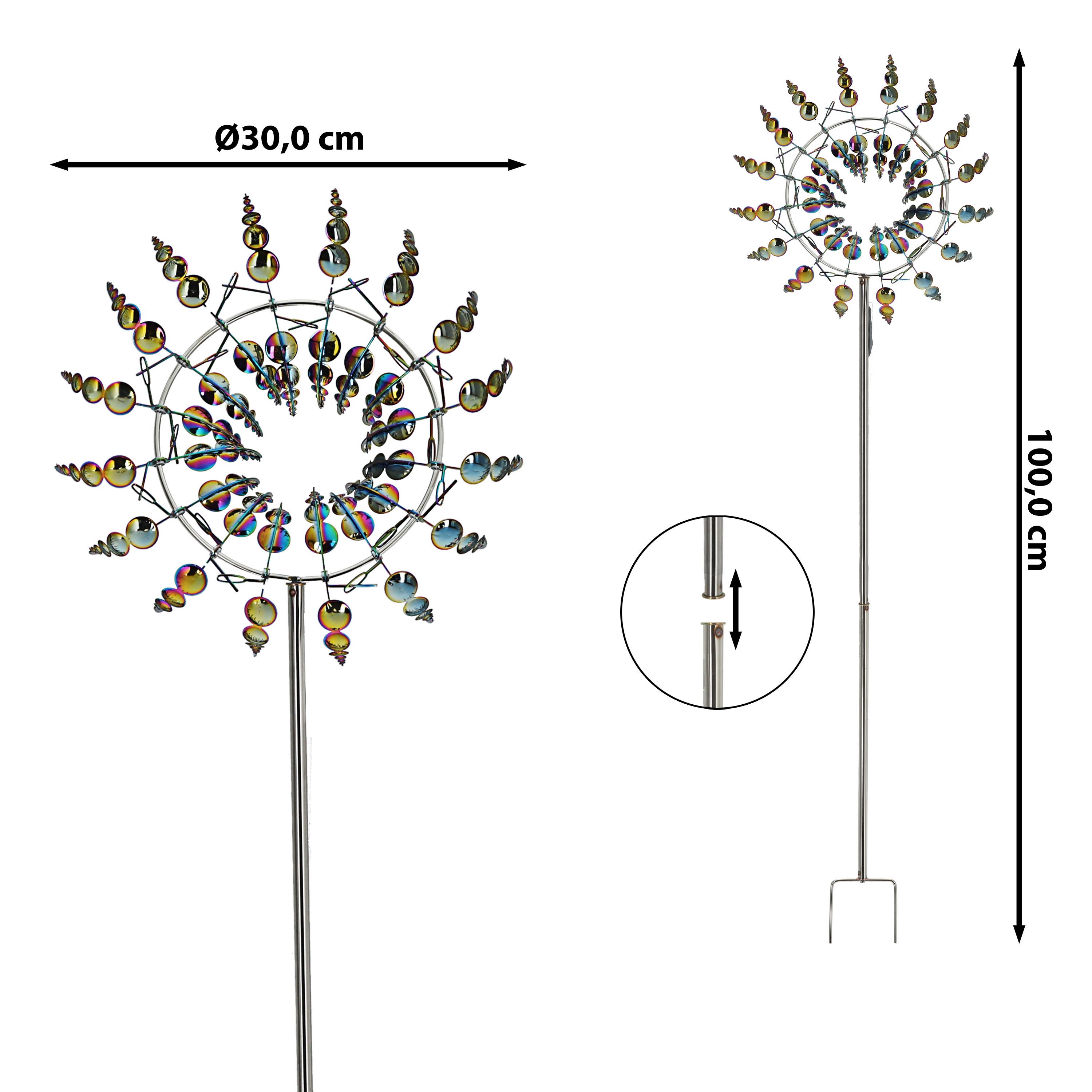 CEPEWA Windspiel Windrad 3D 16 Flügel Multicolor Metallic-Effekt Ø30xH100cm Erdspieß
