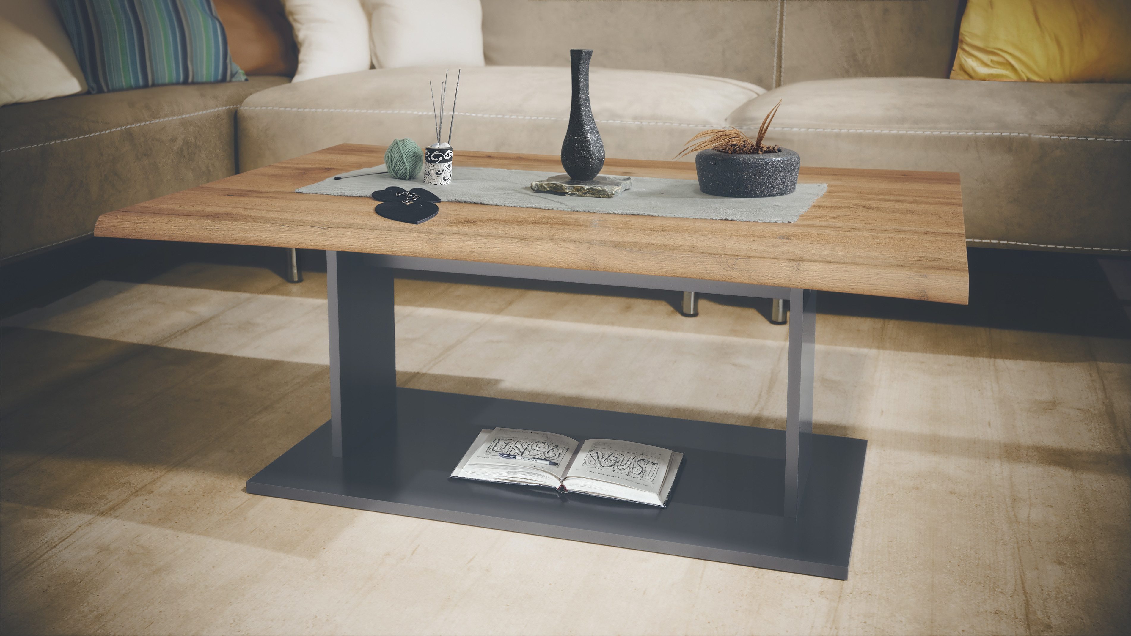 Vladon Couchtisch Melo (Wohnzimmertisch, mit Ablageboden), Anthrazit/Eiche Wotan (102 x 40 x 67,5)