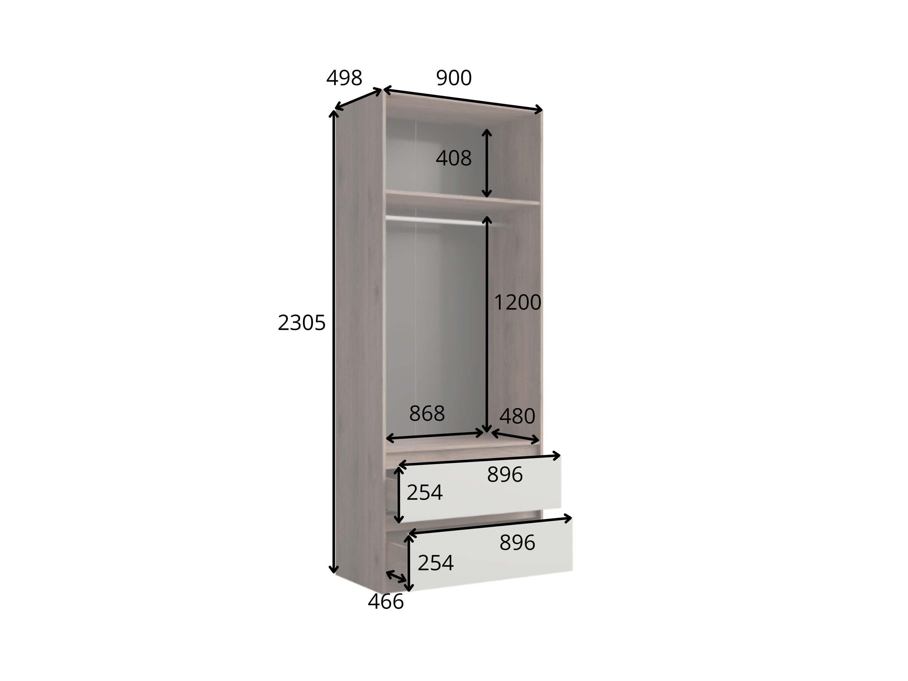 Raumhirsch Furniture Kleiderschrank Garderobenschrank, Drehtürenschrank, Schrank mit Spiegel (Maße: 90 x 51,4 x 230,5 cm, Gewicht 86,5 kg) 2-türig, 2 Schubladen, Push-to-Open