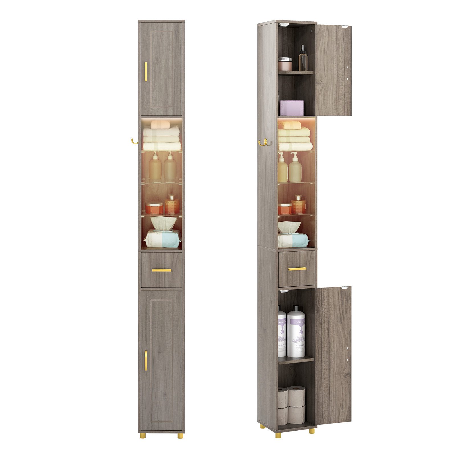 COSTWAY Badkommode, Hochschrank Bad mit Beleuchtung schmal 20x20x181cm