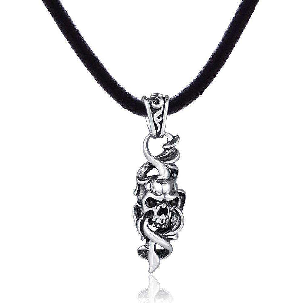DonDon Kette mit Anhänger Lederkette Halskette 50 cm (1-tlg), Herren-Halskette mit Lederband, maskuline Anhänger, im Samtbeutel Style Totenkopf