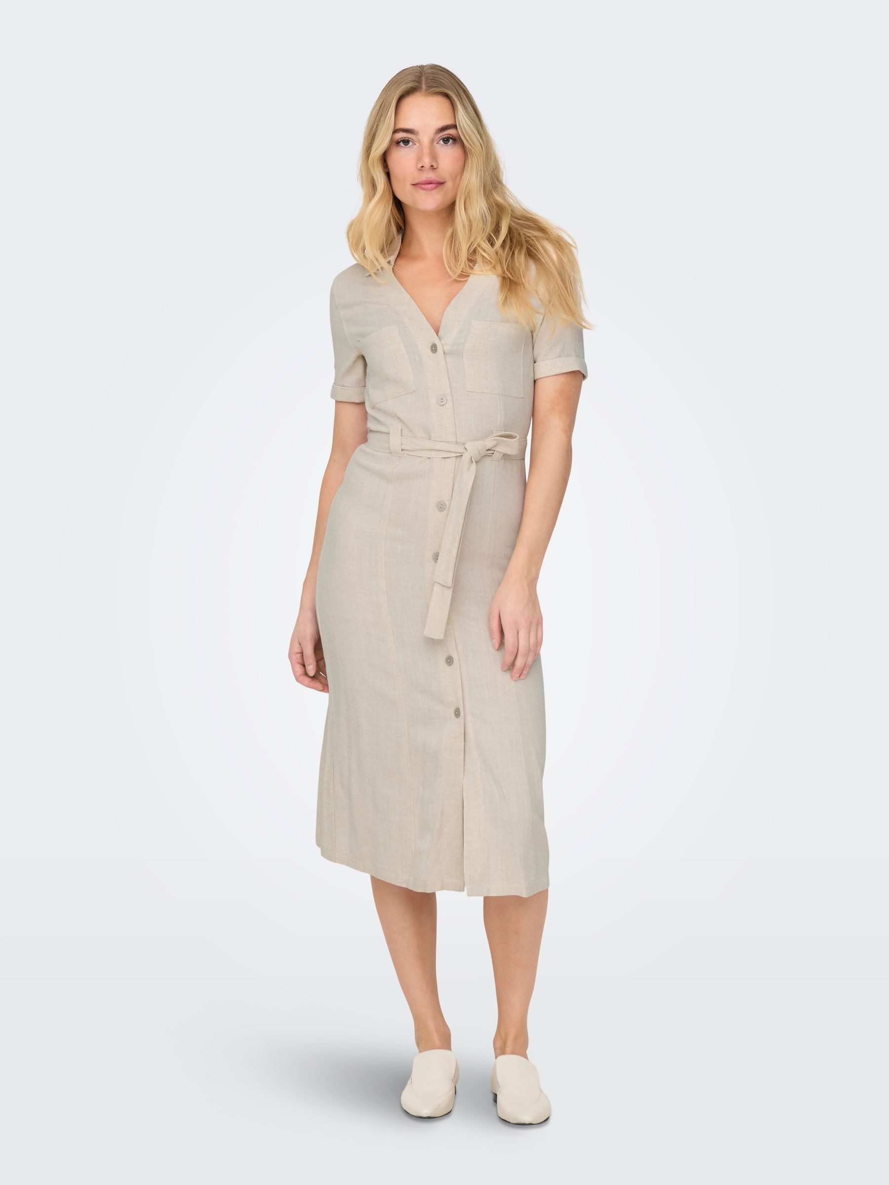 ONLY Shirtkleid Elegantes, knielanges Modell mit Gürtel und Knöpfen (knielang) ONLSIESTA SS LIN BL SHIRT DRESS PNT NOOS