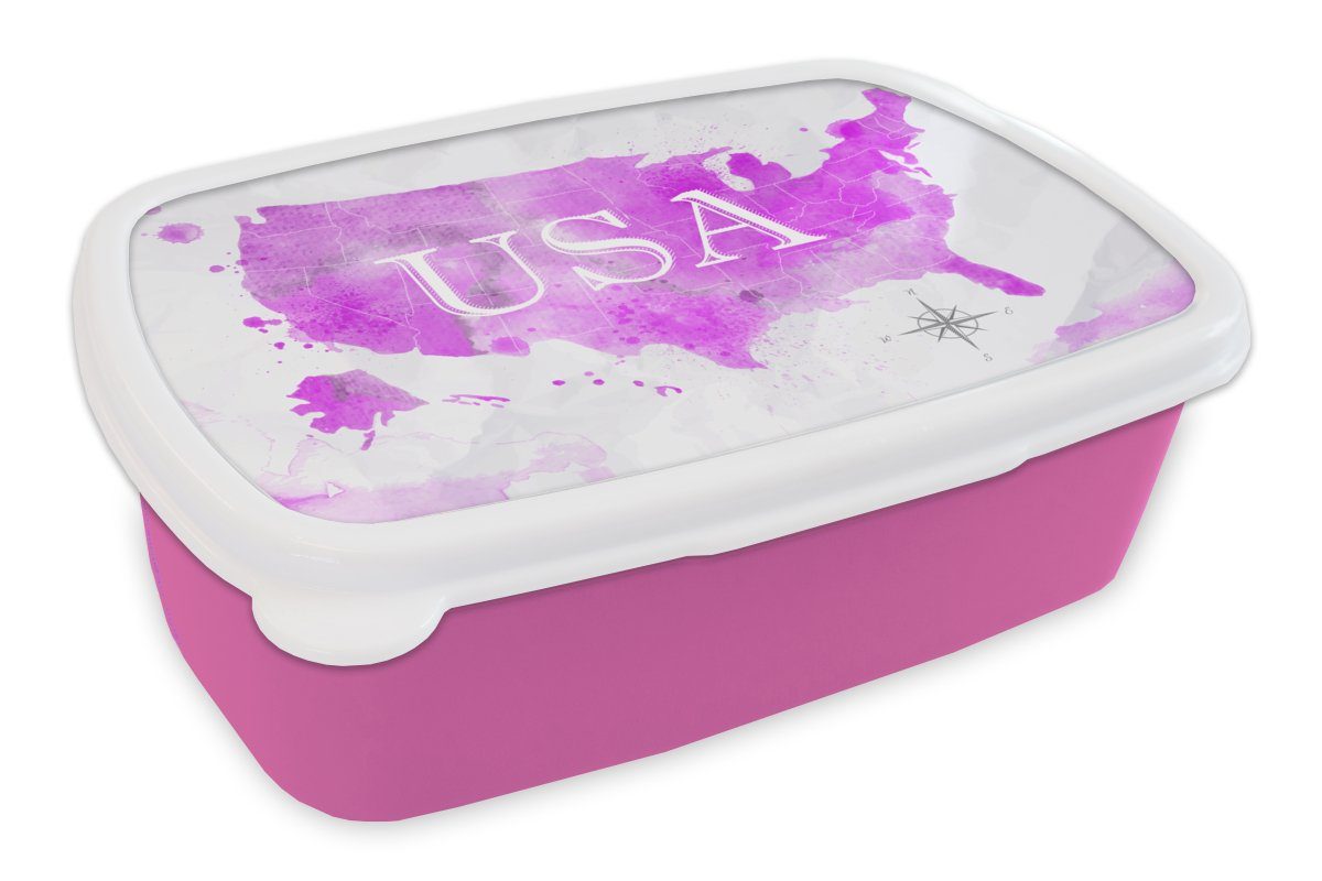 MuchoWow Lunchbox Weltkarte - Rosa - Vereinigte Staaten, Kunststoff, (2-tlg), Brotbox für Erwachsene, Brotdose Kinder, Snackbox, Mädchen, Kunststoff