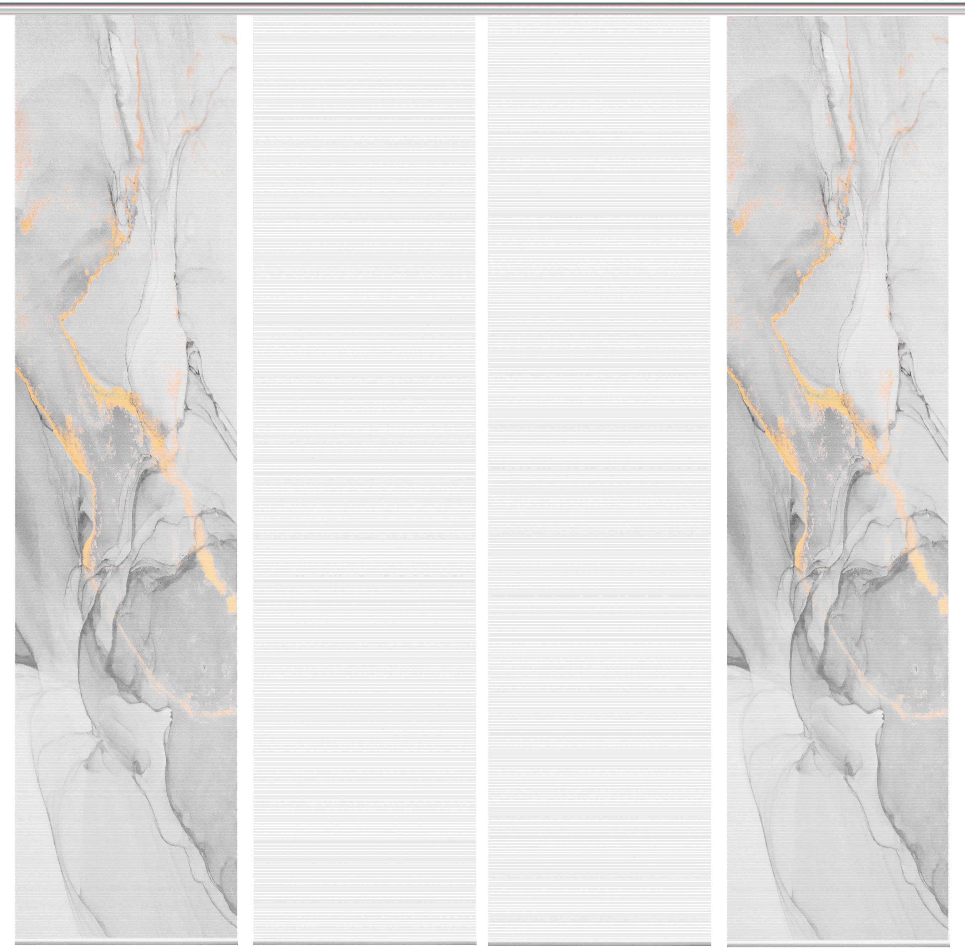 Bambus-Optik, S, Vision Paneelwagen blickdicht, (4 Digital St), goldfarben/grau MARMOSA SET, 4er bedruckt Schiebegardine