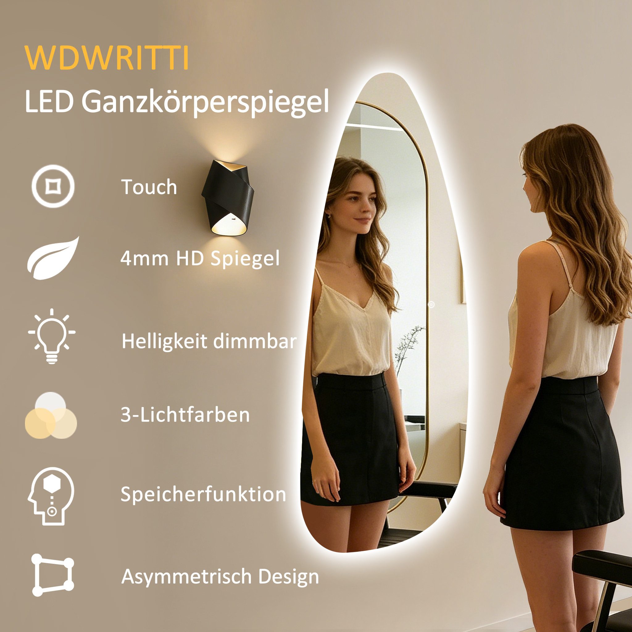 WDWRITTI Spiegel groß für Friseurladen Friseurspiegel Hotel Schlafzimmer Wohnzimmer (Wandspiegel mit LED Beleuchtung asymmetrisch rahmenlos, 1-St., 165x65, 165x60, 145x60cm), 3Lichtfarben, Dimmbar, Speicherfunktion