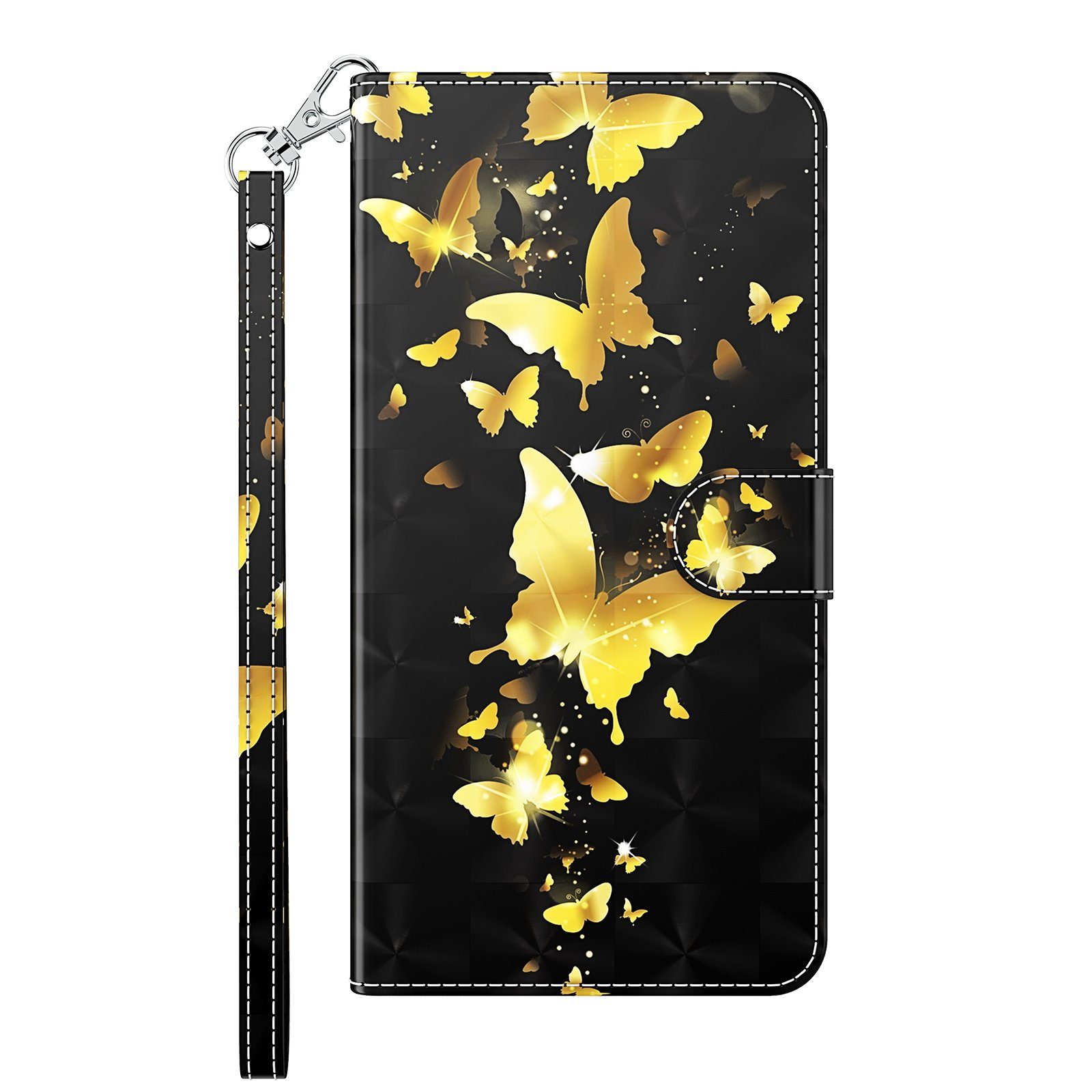 CLM-Tech Handytasche für Samsung Galaxy A16 / A17 5G Hülle aus Kunstleder Klapphülle (Schmetterlinge gold schwarz, Handyhülle mit Standfunktion - Wallet Flip Case inklusive Kartenfächer), Cover mit Magnetverschluss