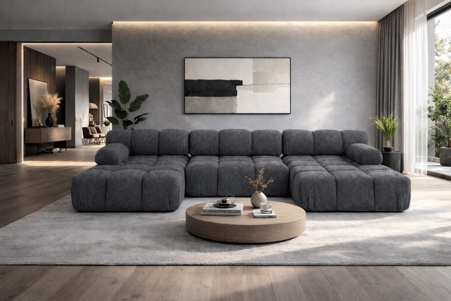 Kaiser Möbel Ecksofa U-Form modern für Wohnzimmer, Stoff Abriamo,SELIA, Ecksofa, U-Form,modulares System,Bouclé-Stoff