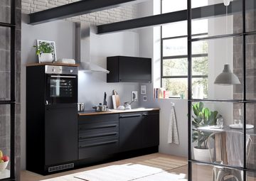möbelando Küchenzeile Jamesy, inkl. Elektrogeräte in schwarz matt / Eiche – 260x200x60 cm (B/H/T)