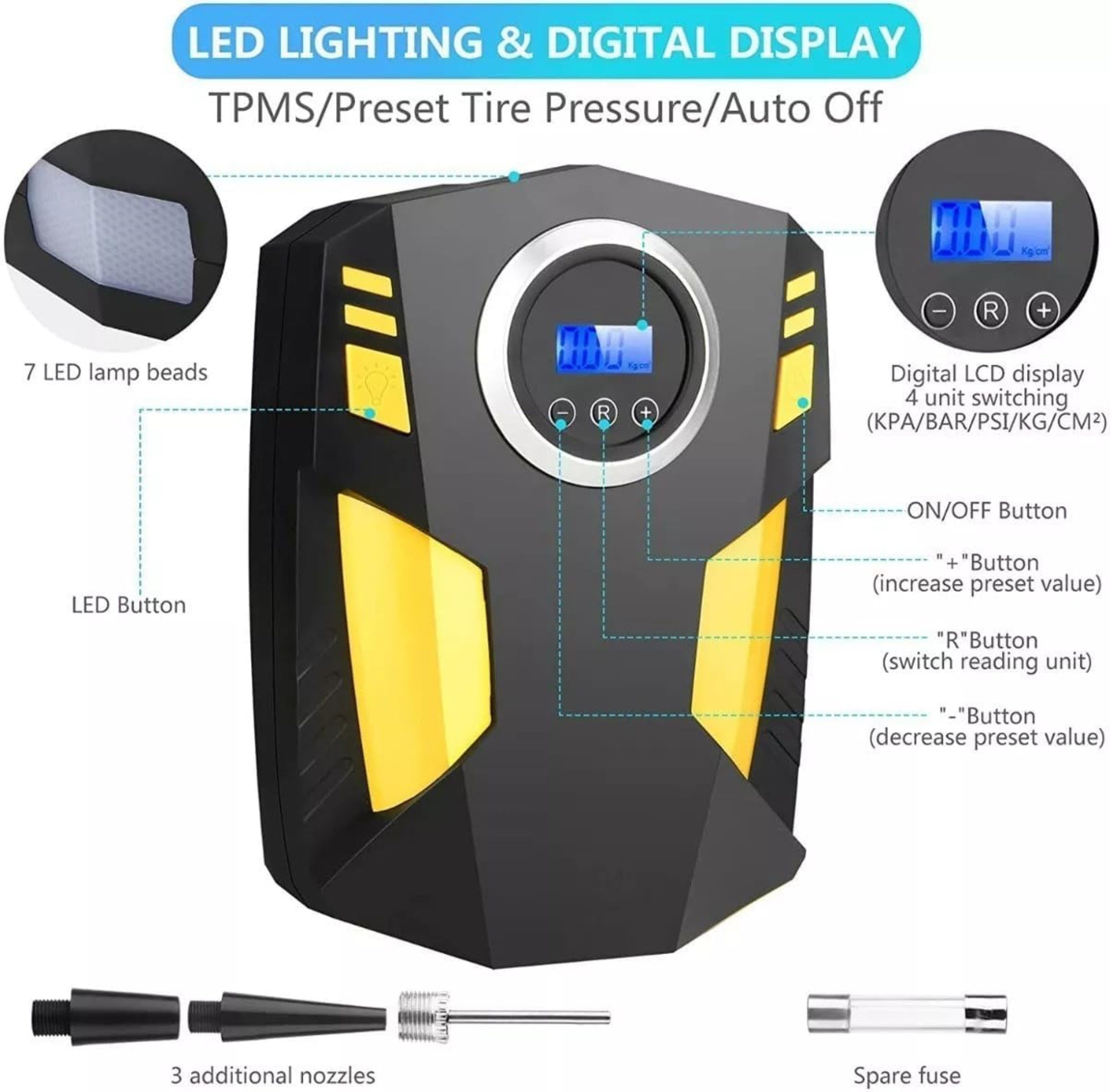 LA CUTE Kompressor 12V Digitaler Reifenfüller mit LED-Licht, 3 Düsen für Auto & Fahrrad, max. 6,9 bar, Tragbarer Reifenfüller mit LED-Anzeige und Schnellbefüllu – Bild 4 von 5