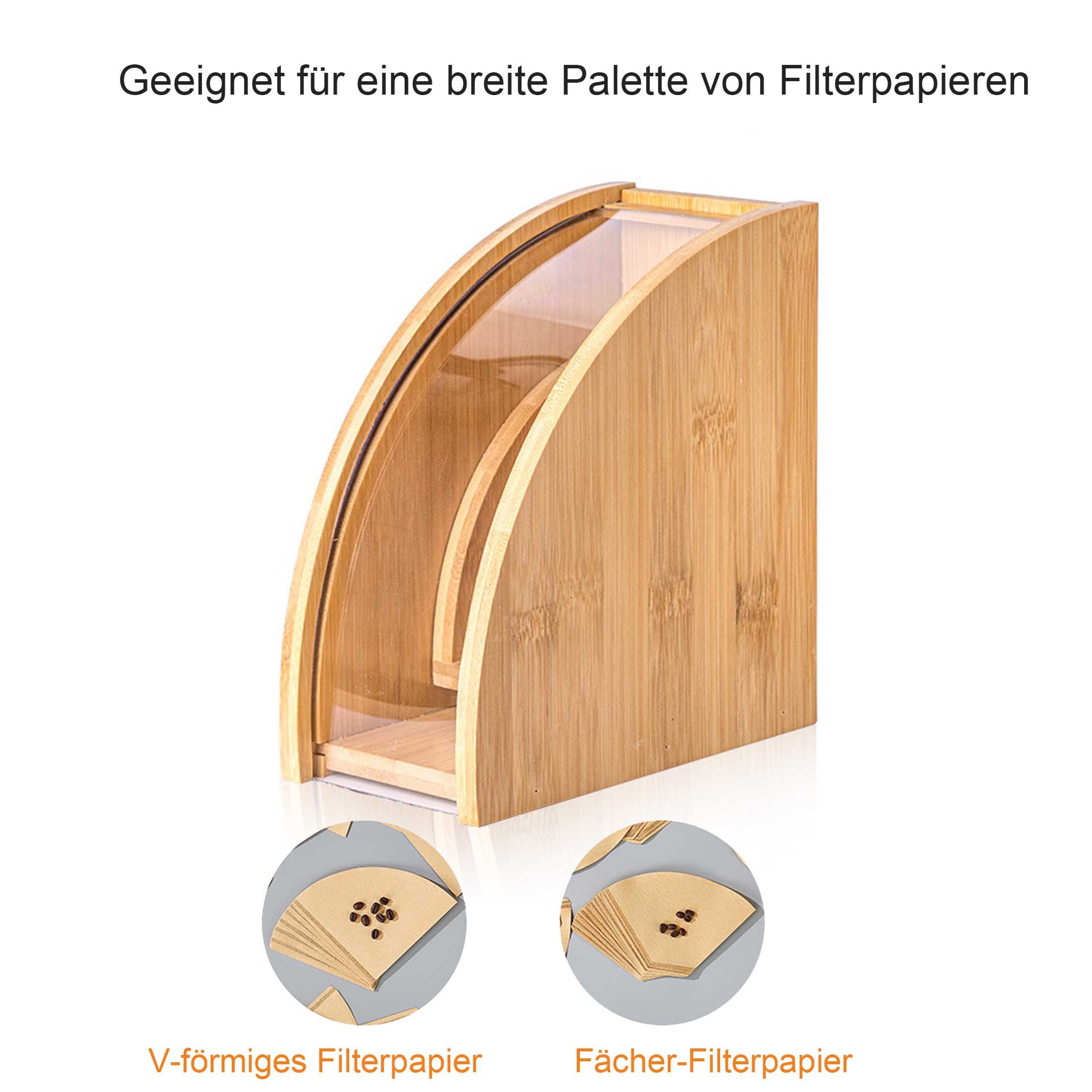 KINSI Papierfilter Kaffeefilter-Behälter mit Wellenschliff, Cafe-Holzaufbewahrungszubehör, Außen aus Holz, 16,7 x 15,7 x 8,2 cm, fächerförmige Aufbewahrungsbox
