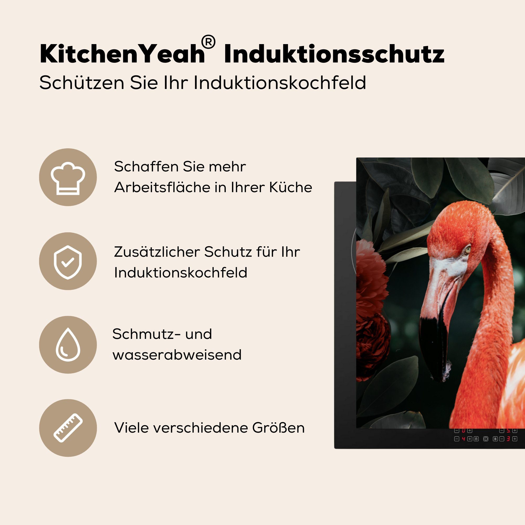 Ceranfeldabdeckung, Herdblende-/Abdeckplatte für MuchoWow Blumen tlg), küche cm, - Arbeitsplatte Blätter (1 - Federn, Flamingo 78x78 - Vinyl,