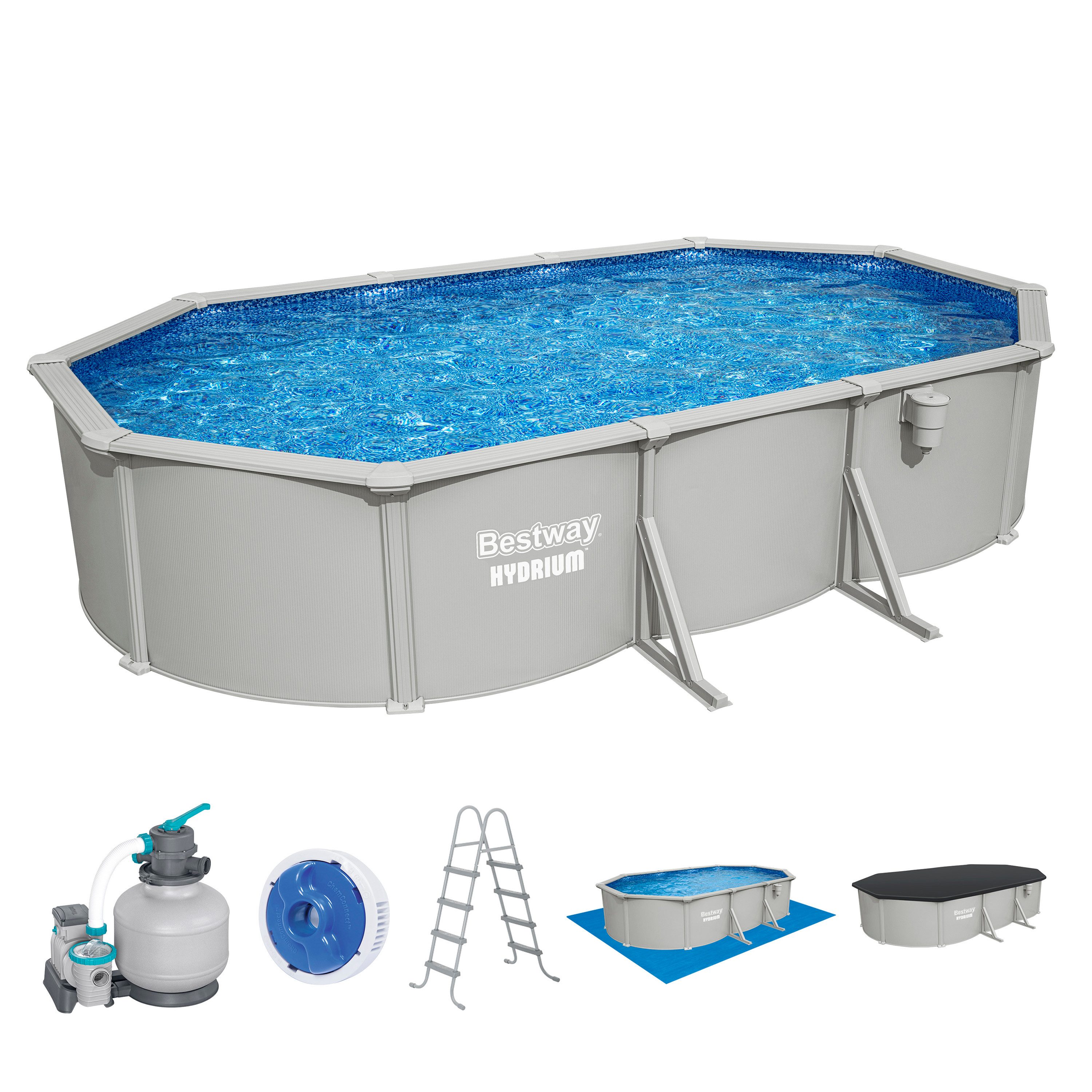 Bestway Pool Hydrium (Set, Inkl. Sandfilteranlage, Sicherheitsleiter, Abdeckplane, Bodenplane), 610 x 366 x 122 cm
