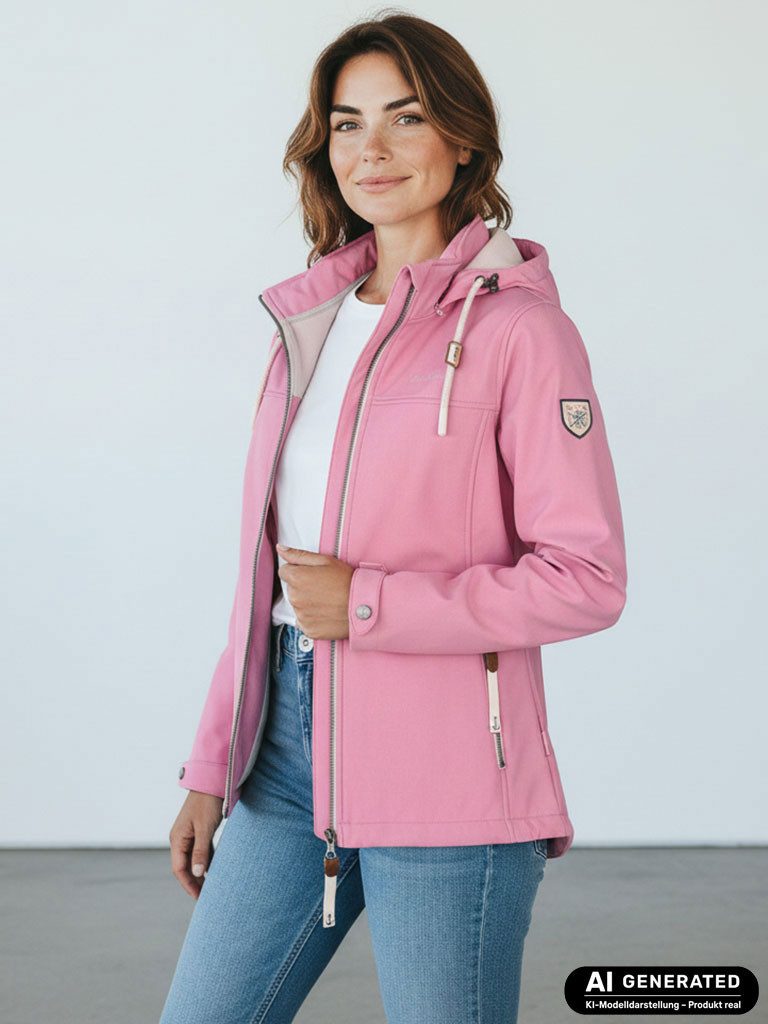 Dry Fashion Softshelljacke Baltrum Damen Jacke Softshell Fleece-Futter - Übergangsjacke Outdoor Atmungsaktiv, Verstellbare & abnehmbare Kapuze, 2-Wege-Reißverschluss
