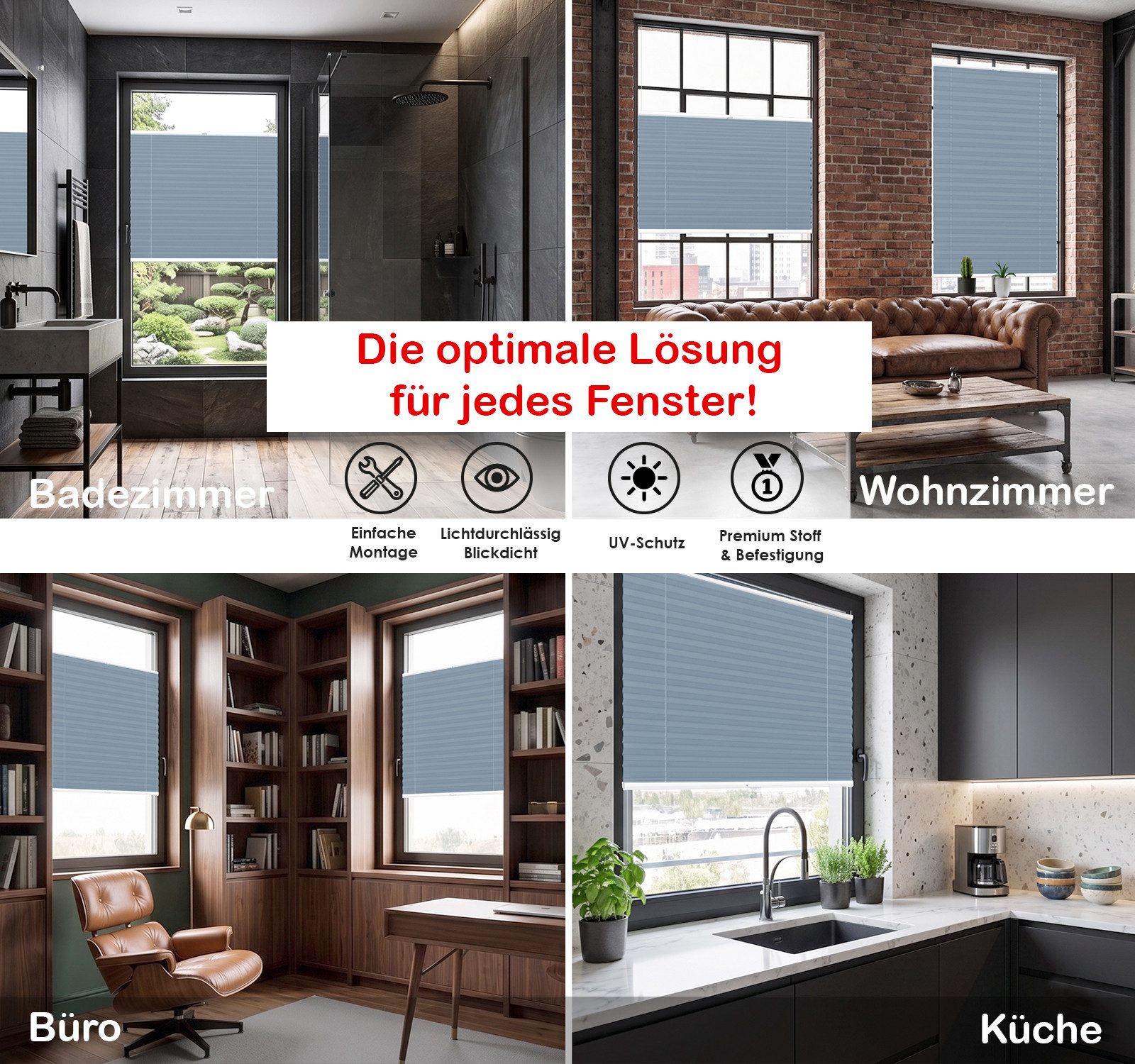 Rikmani Plissee Klemmfix ohne Bohren Blau 40x100 cm, blickdicht, Klemmfix, Sichtschutz, Sonnenschutz, einfache Montage, Stufenlos verstellbar