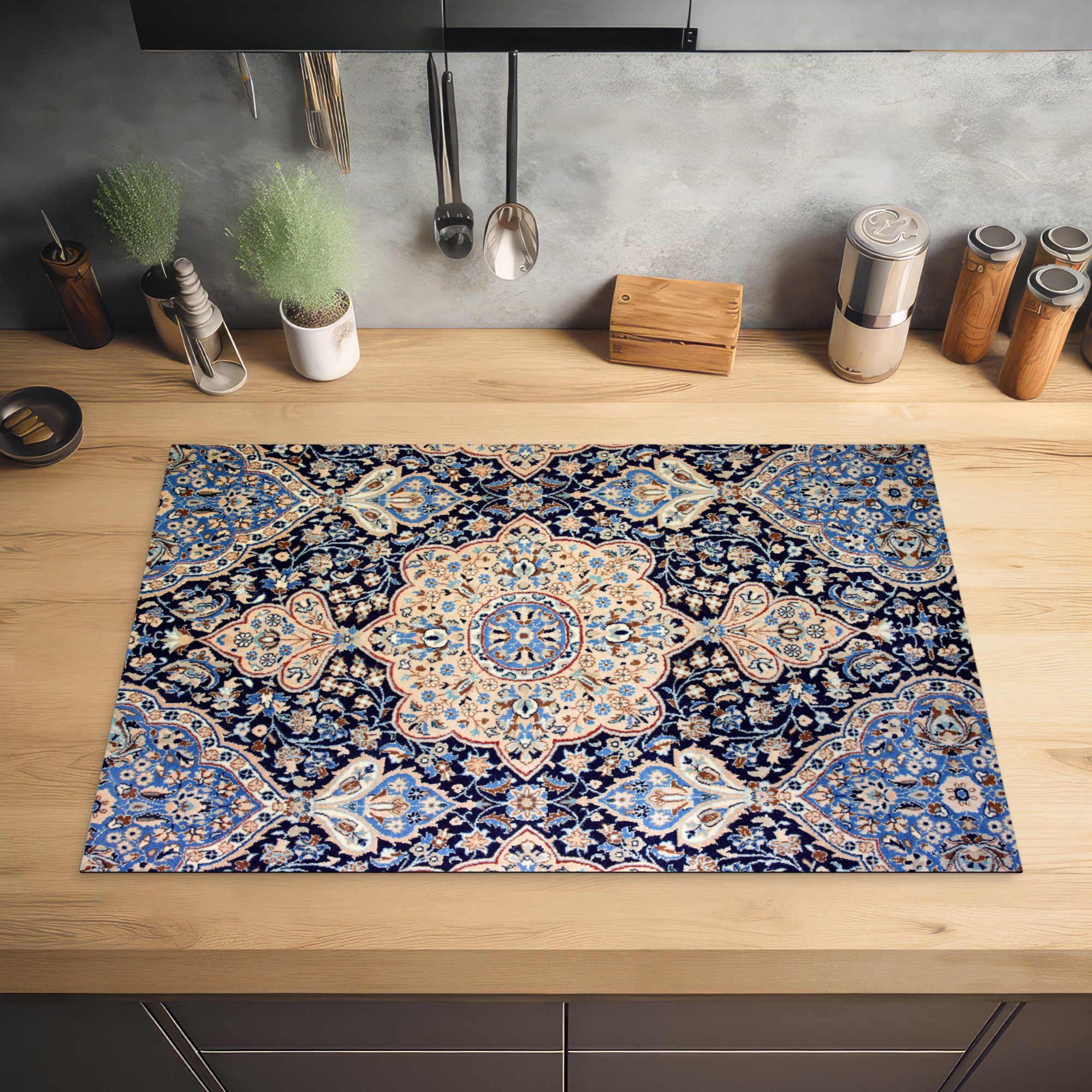 Schutz küche, - Vinyl, 81x52 cm, MuchoWow für Teppich Herdblende-/Abdeckplatte Blau, Persischer die Ceranfeldabdeckung - tlg), (1 Induktionskochfeld - Teppich Mandala