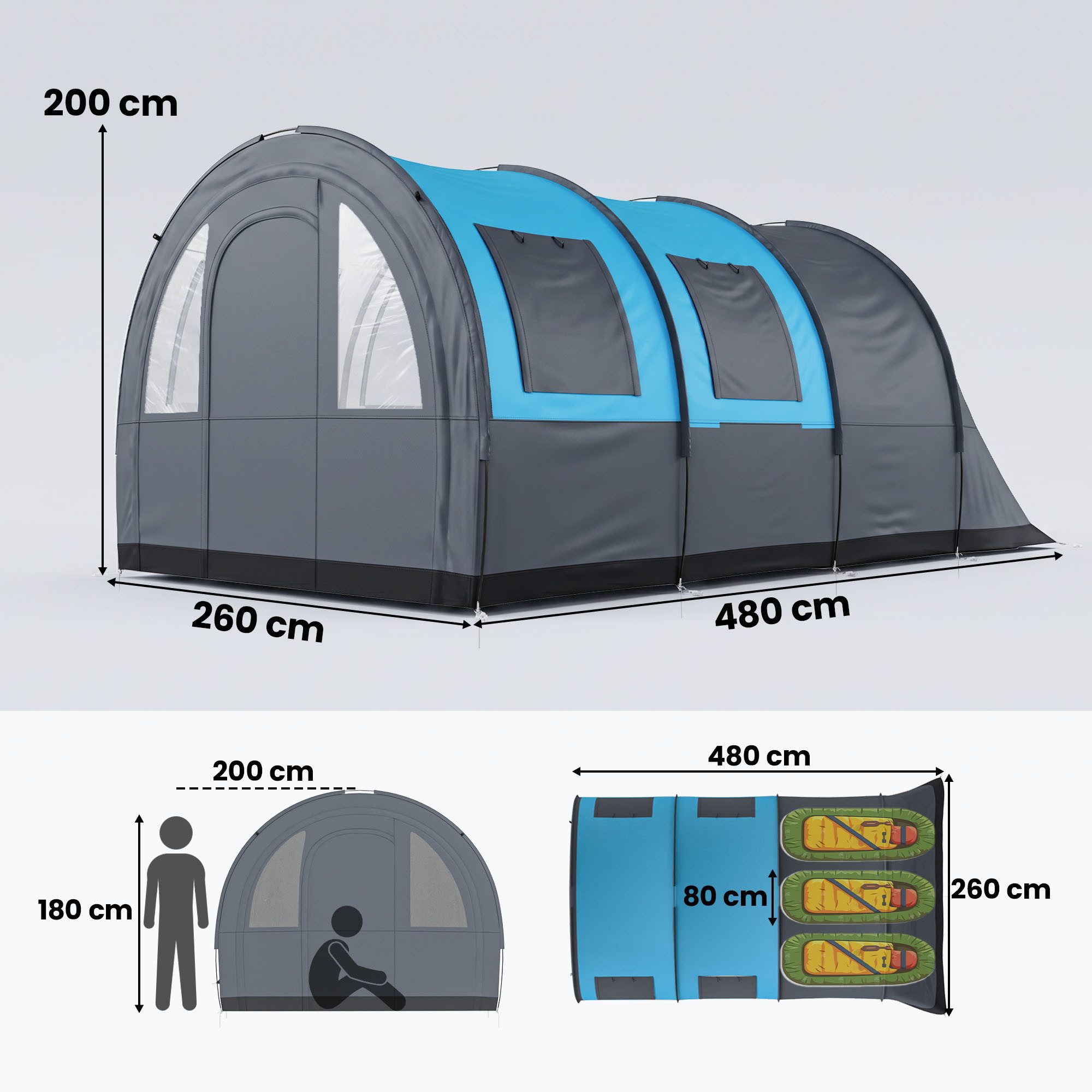 Outsunny Tunnelzelt Familienzelt mit 2 Räumen, Lichthaken, Tragetasche, Personen: 3 (3000mm wasserabweisend Campingzelt, 1 tlg., Gruppenzelt für 3 Personen), für Garten, Campingplatz, Grau
