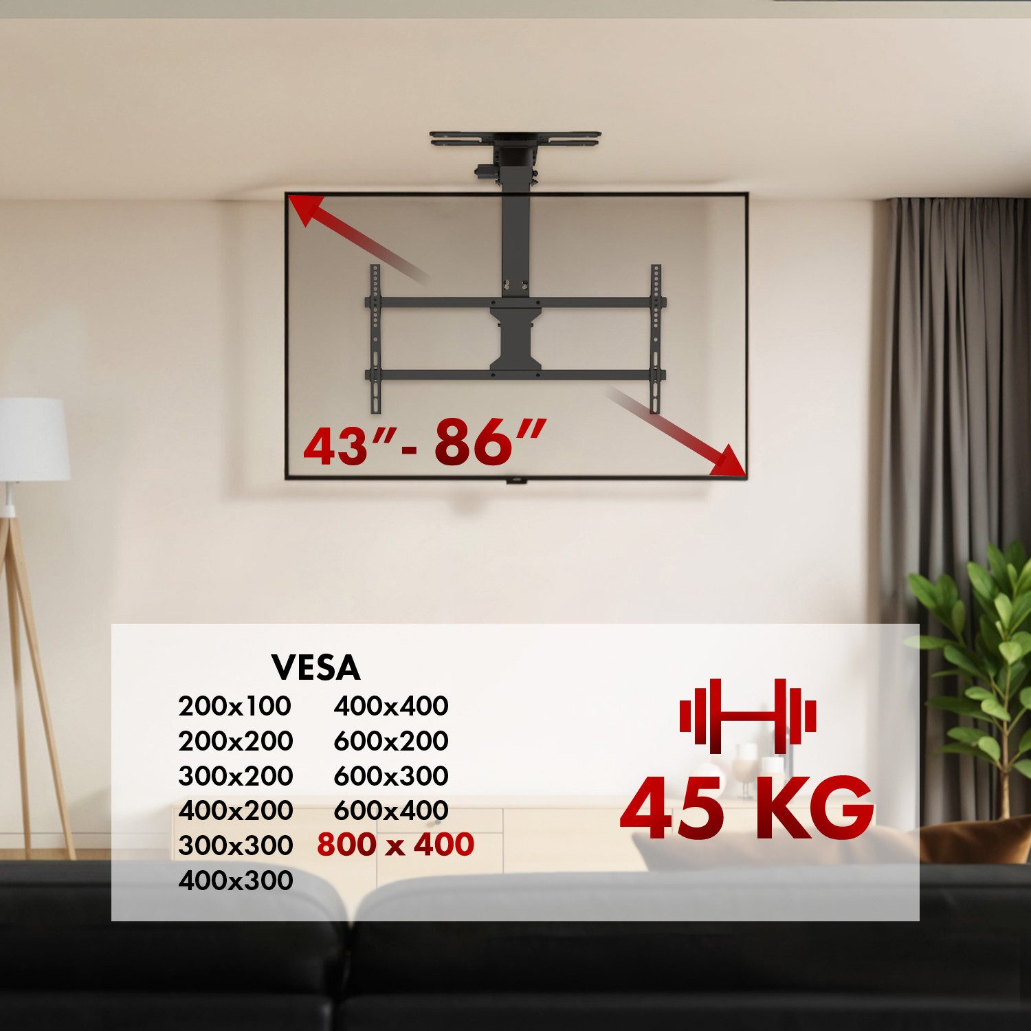 Maclean TV-Deckenhalterung MC-109 T Elektrische Halterung für 43-86'' TV Tuya, (bis 86 Zoll, Tuya-Support, max. VESA 800x400, verstellbar +90°~-90°, max. 45kg)