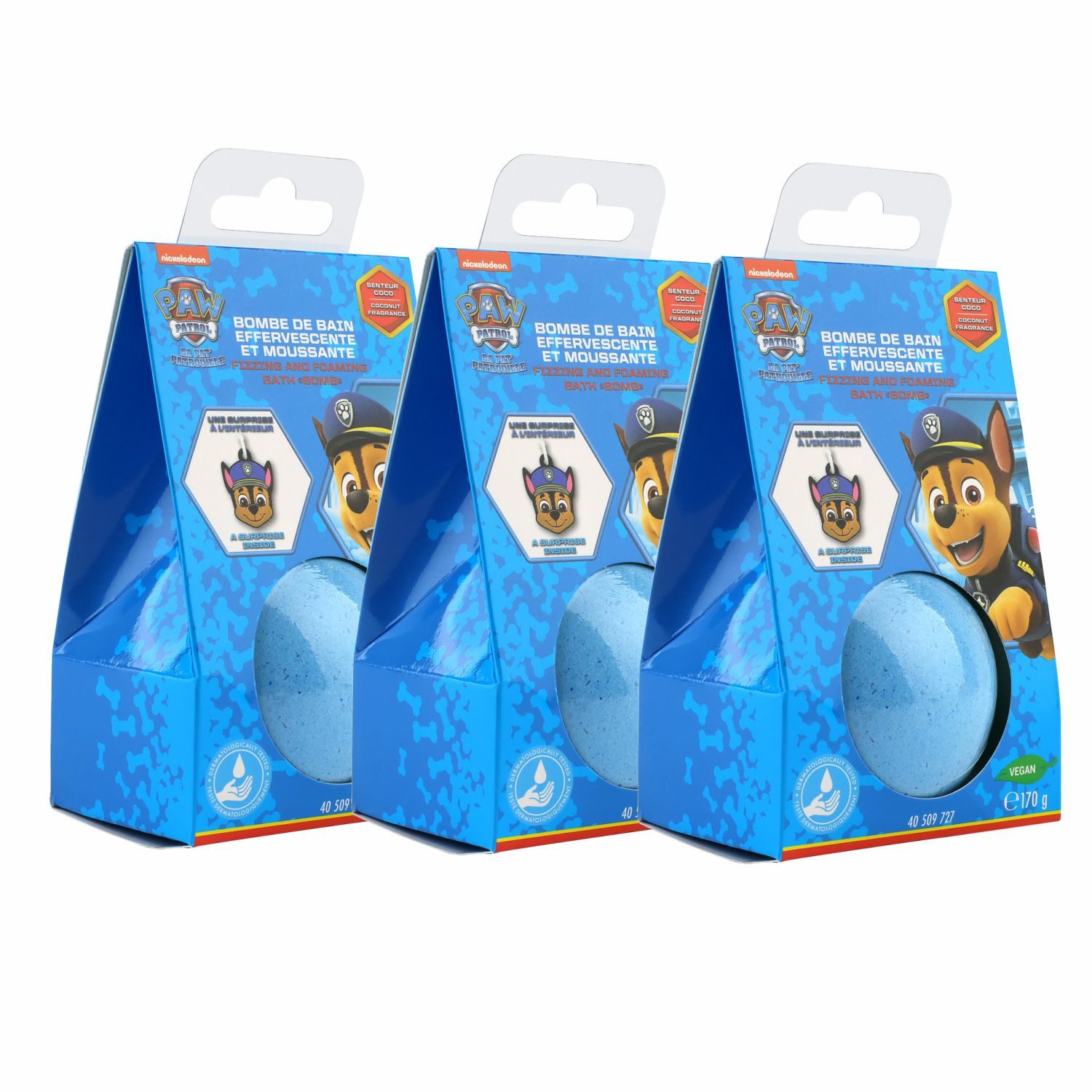 HF Home Flair Badekugel 3x Paw Patrol Badebombe - große Badekugel Chase mit Überraschung, 3-tlg., blaue Badekugel - Kokosduft - Vegan- 170g