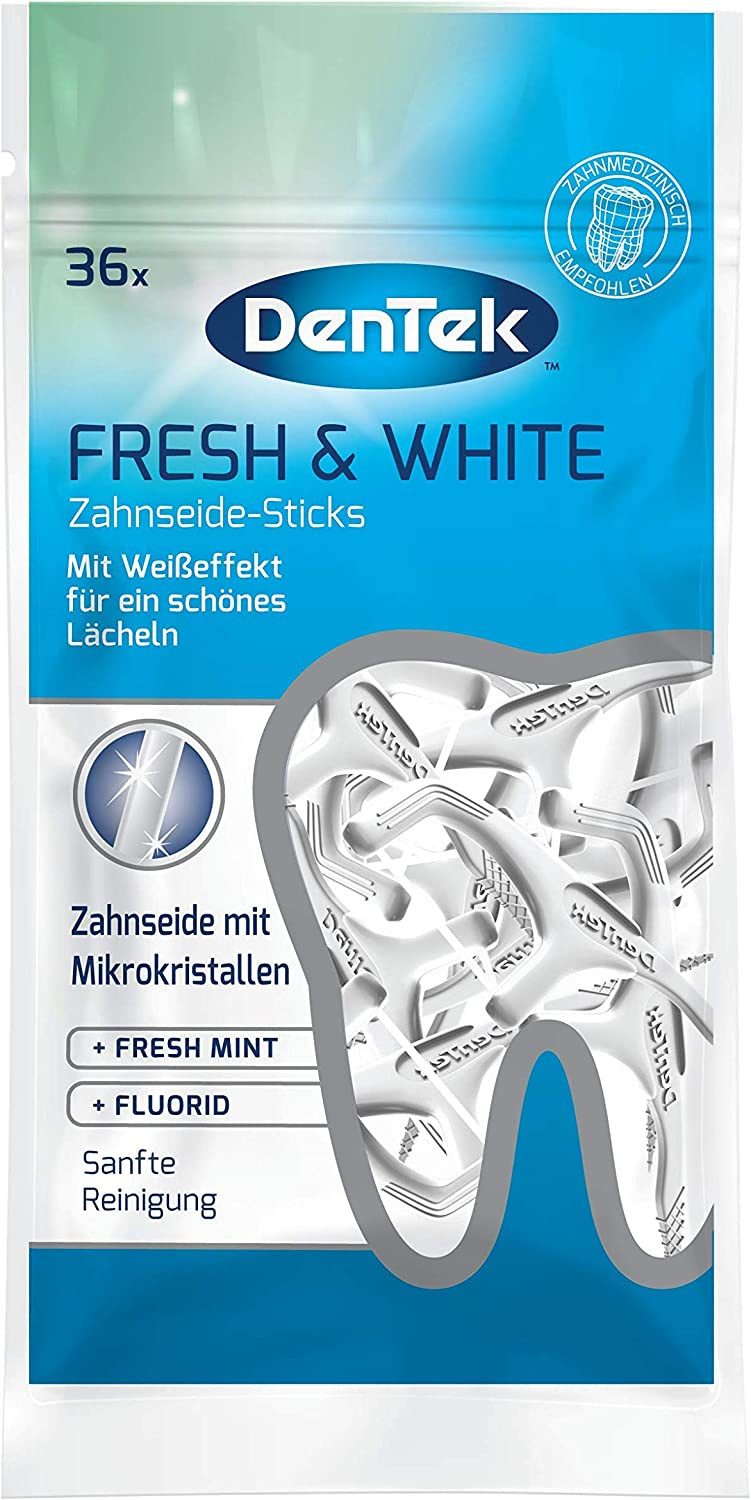 DenTek Zahnseide-Stick 3 x DenTek Fresh & White Zahnseide Sticks je 36 Stück mit Mikrokristal
