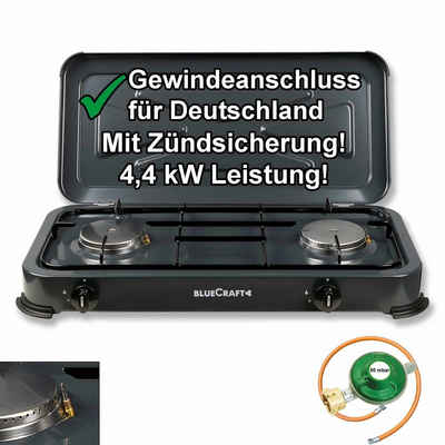 BlueCraft Gaskocher, (Gas-Kochfeld 2 flammen Propangas mit Schlauch und Druckminderer), Campingkocher 2-flammig mit Zündsicherung Gasschlauch Gasregler