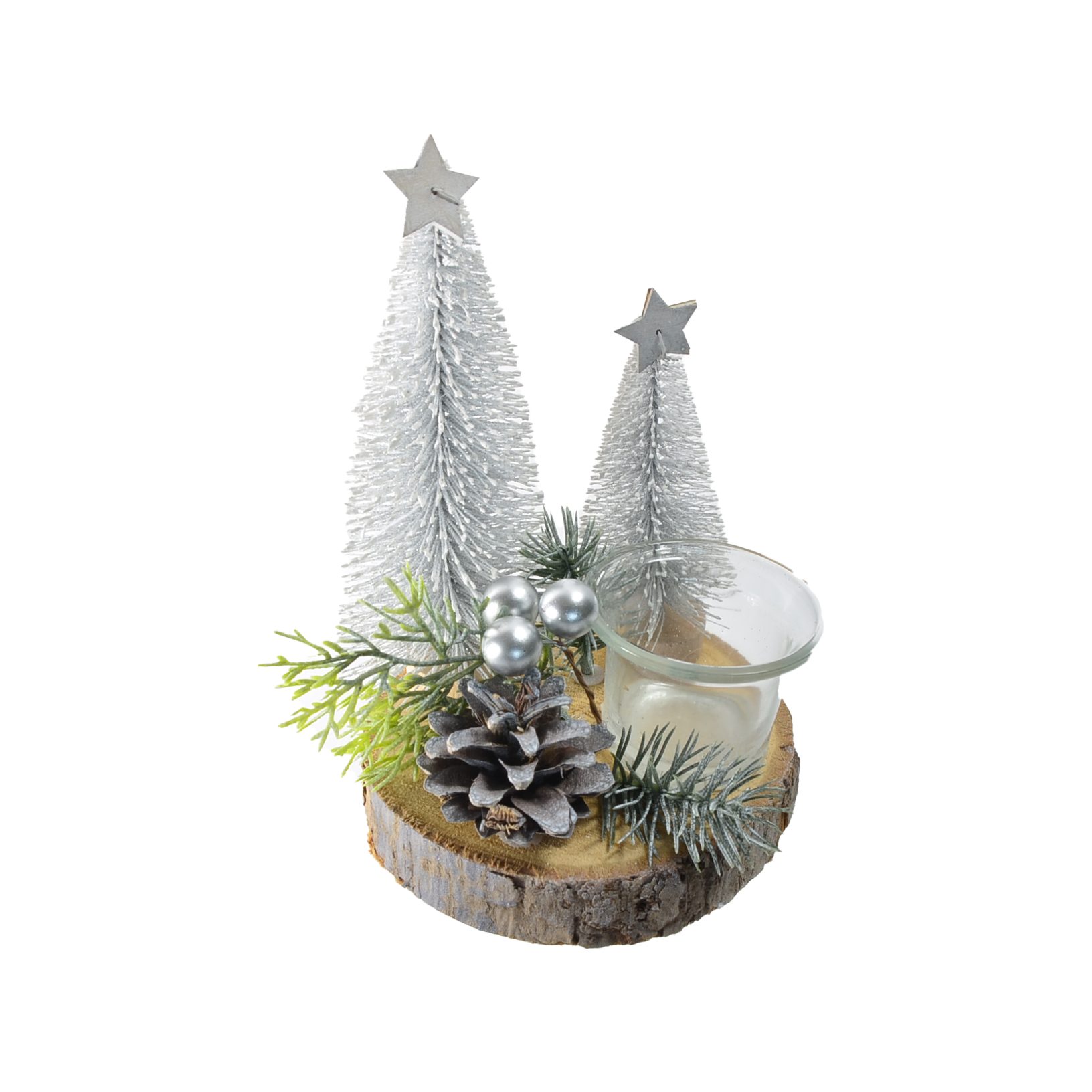 B&S Teelichthalter Weihnachts Teelichtglas auf Holzplatte Ø14 cm Tischdeko in Silbertönen