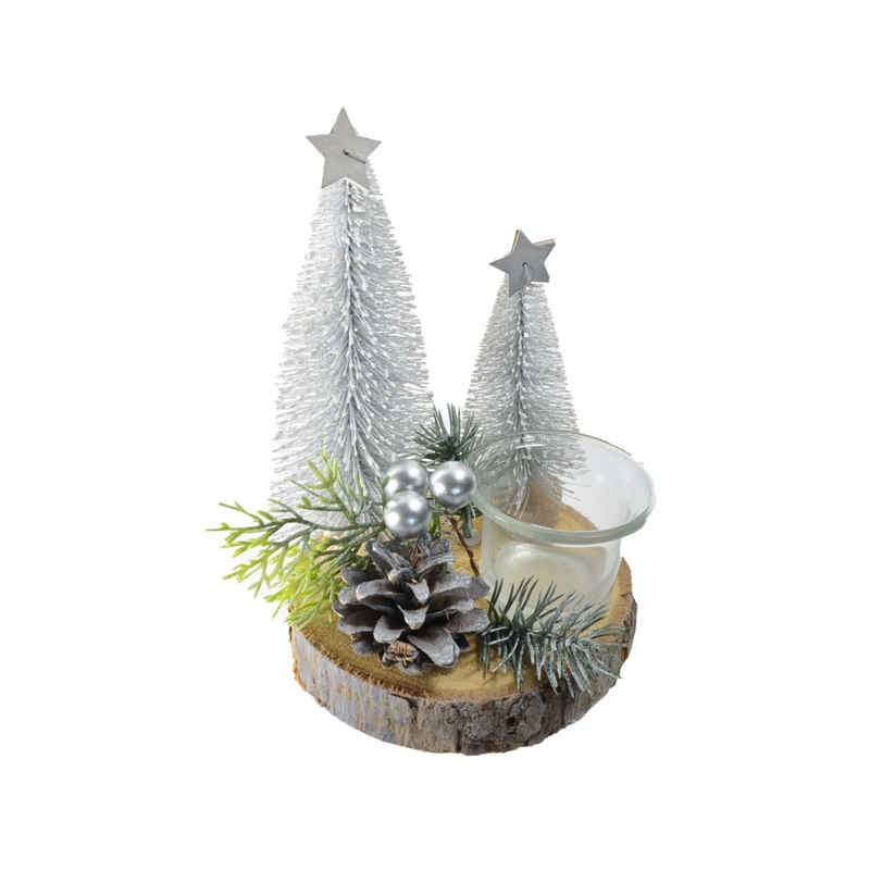 B&S Teelichthalter Weihnachts Teelichtglas auf Holzplatte Ø14 cm Tischdeko in Silbertönen