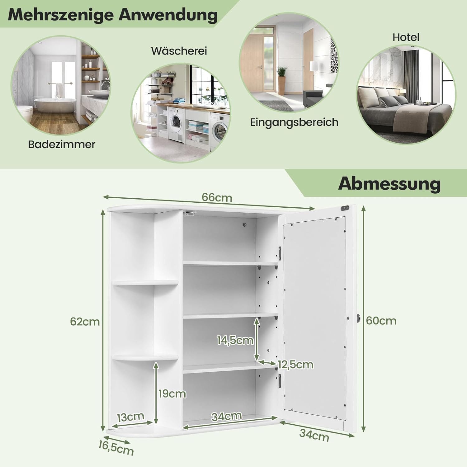 KOMFOTTEU Spiegelschrank Badschrank Hängeschrank Wandschrank mit Ablagen, 66 x 17 x 63 cm – Bild 3 von 5