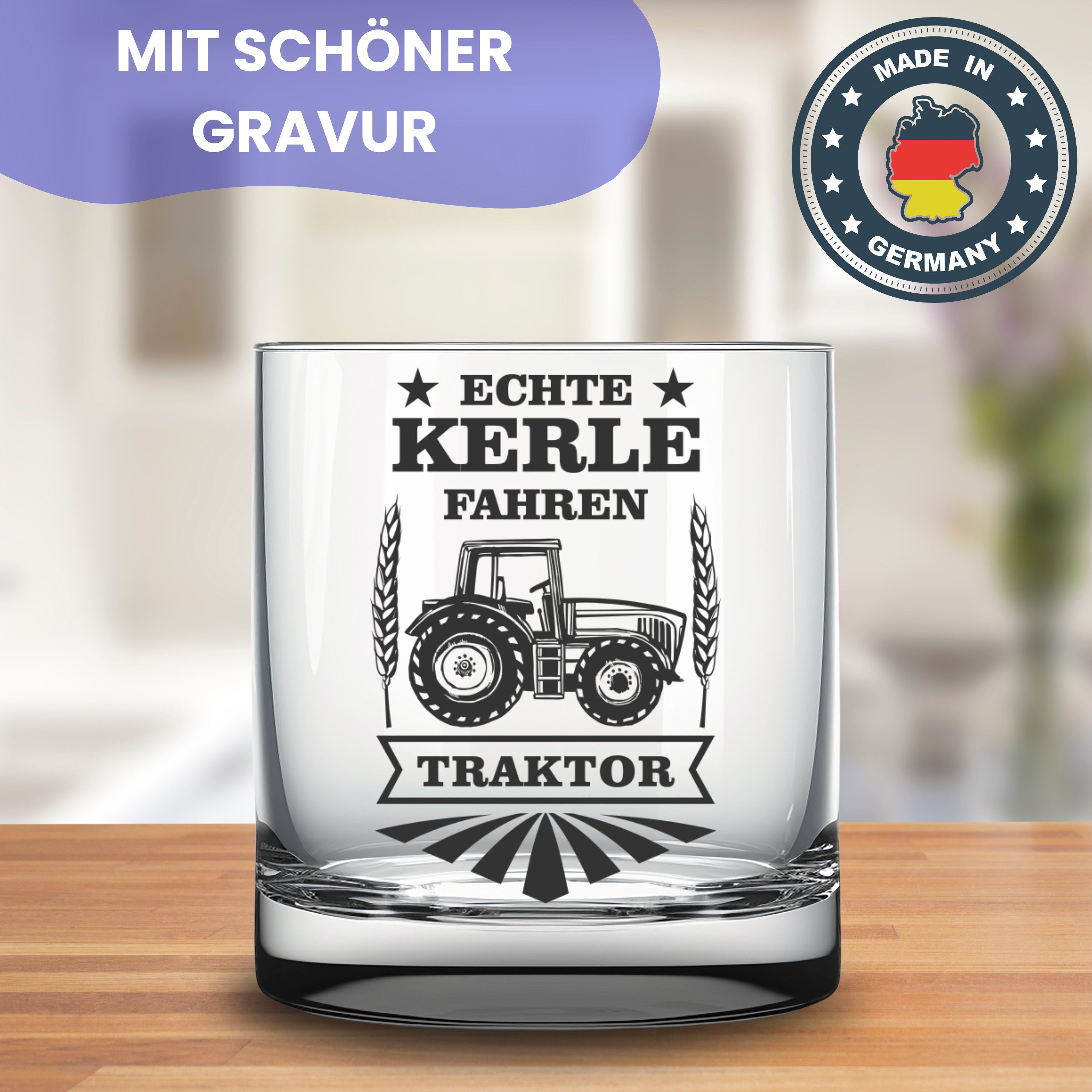 Lasernauten Whiskyglas Glas mit Spruch "Echte Kerle fahren Traktor" Geschenk Bauer Landwirt, mit Gravur