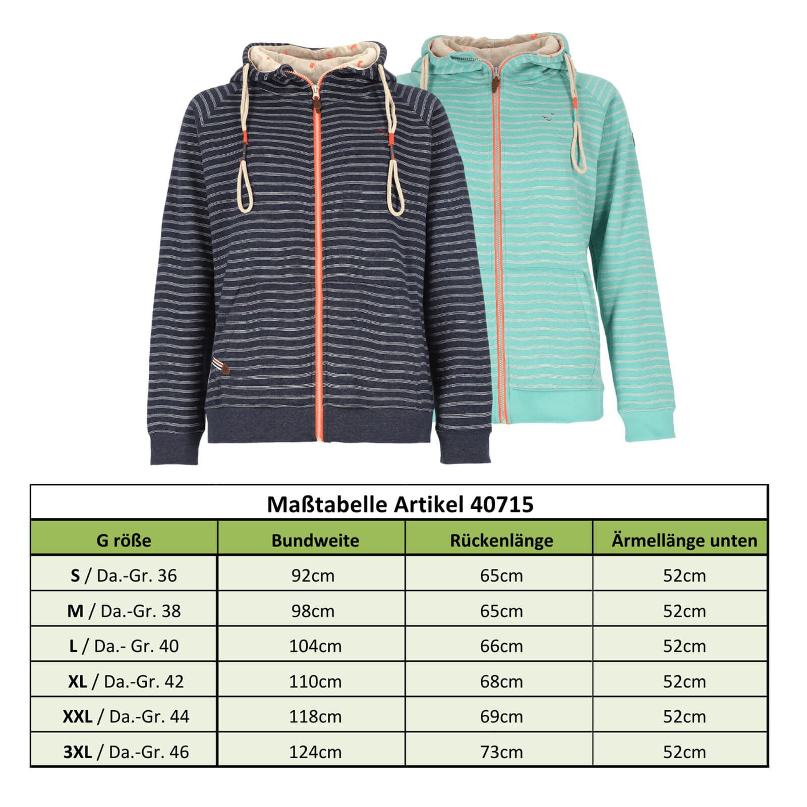 modAS Kapuzensweatjacke 40715 Damen Sweatjacke Streifen mit Kapuze - Gestreifte Kapuzenjacke
