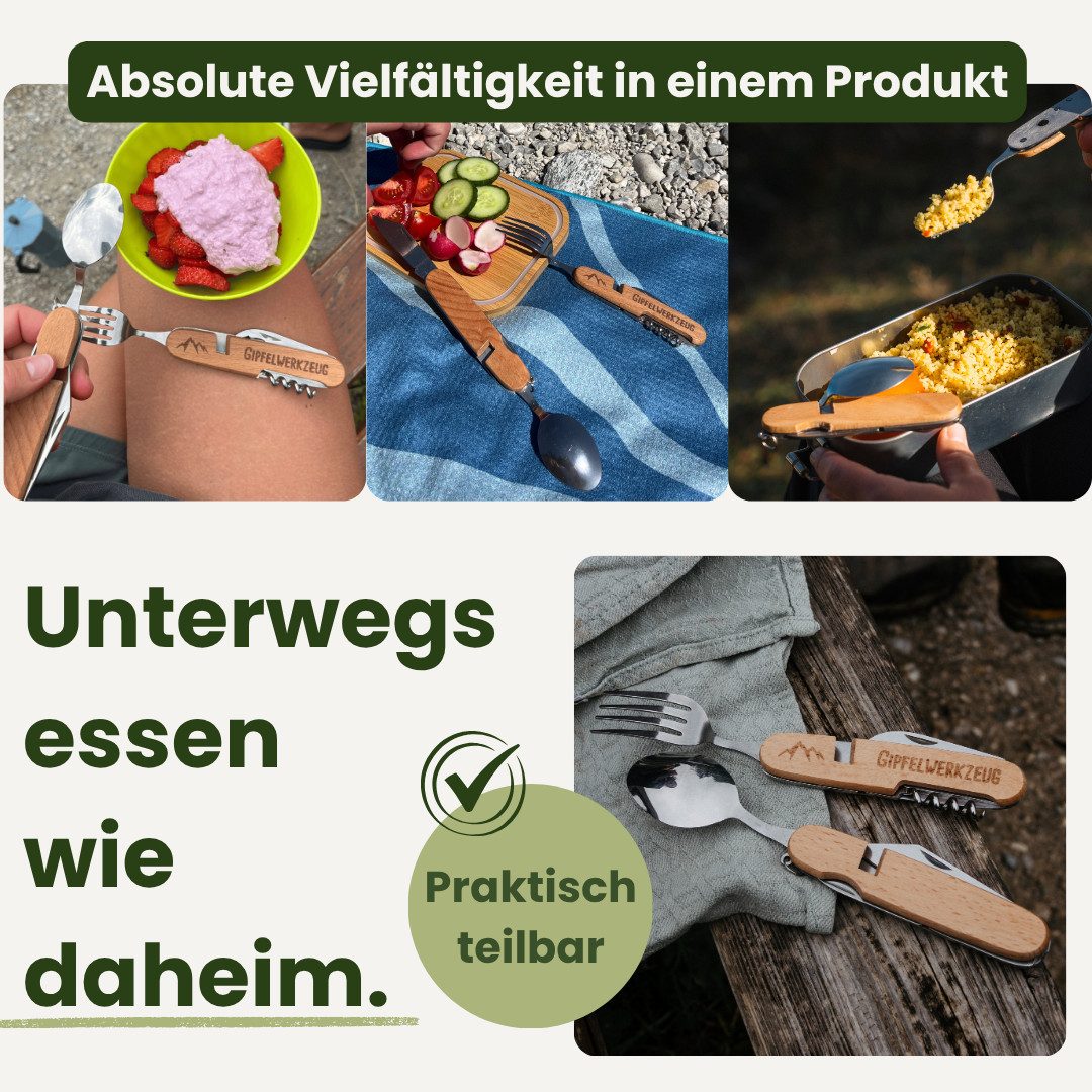 Gipfelgaudi Taschenmesser All-in-One Camping Besteck: ideal zum Wandern, Picknick & mehr, (2 St., teilbar), Teilbar in zwei Hälften, Robust, Plastikfrei