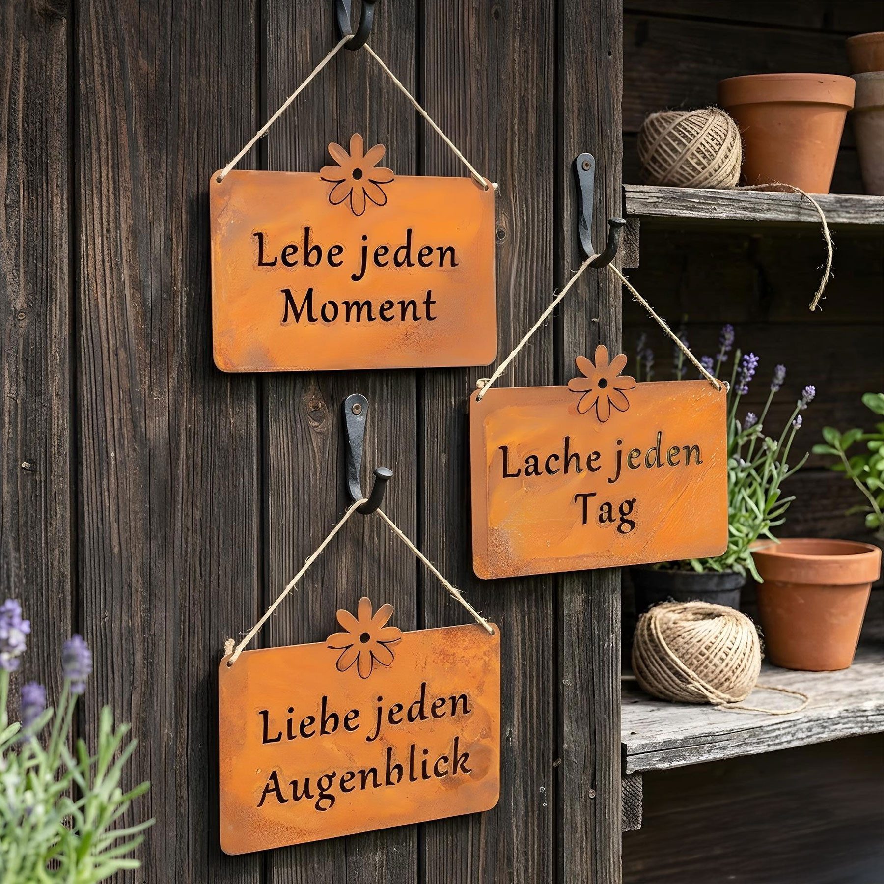Levandeo® Wandbild, 3er Set Wandbilder Sprüche 25x19cm Schilder Rostdeko Lebe Liebe Lache