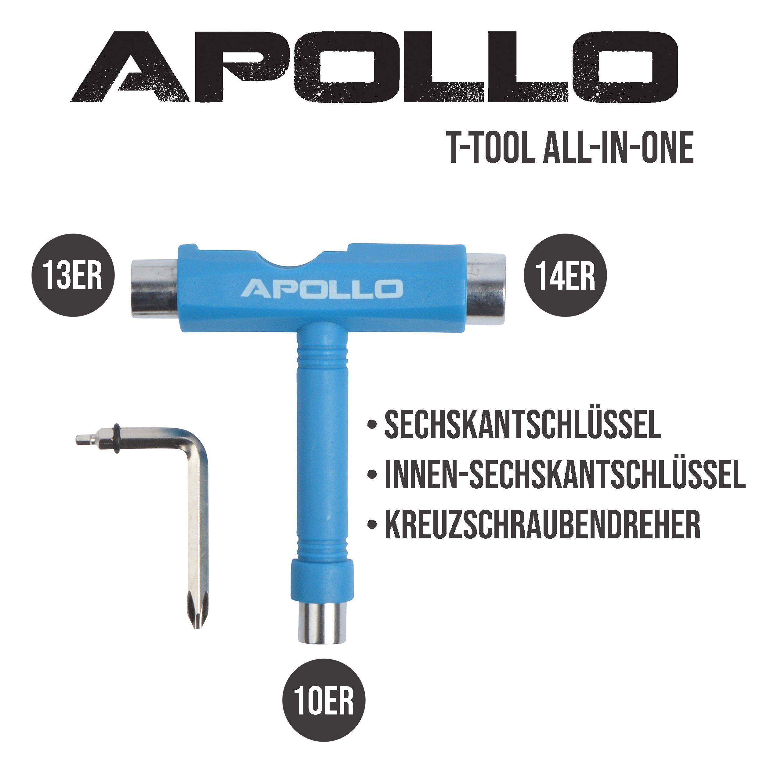 Tool Apollo Multifunktions Blau All-In-One - Skateboard, Schraubenschlüssel Longboard für Sechskantschlüssel, Skateboard Scooter, T-Tool