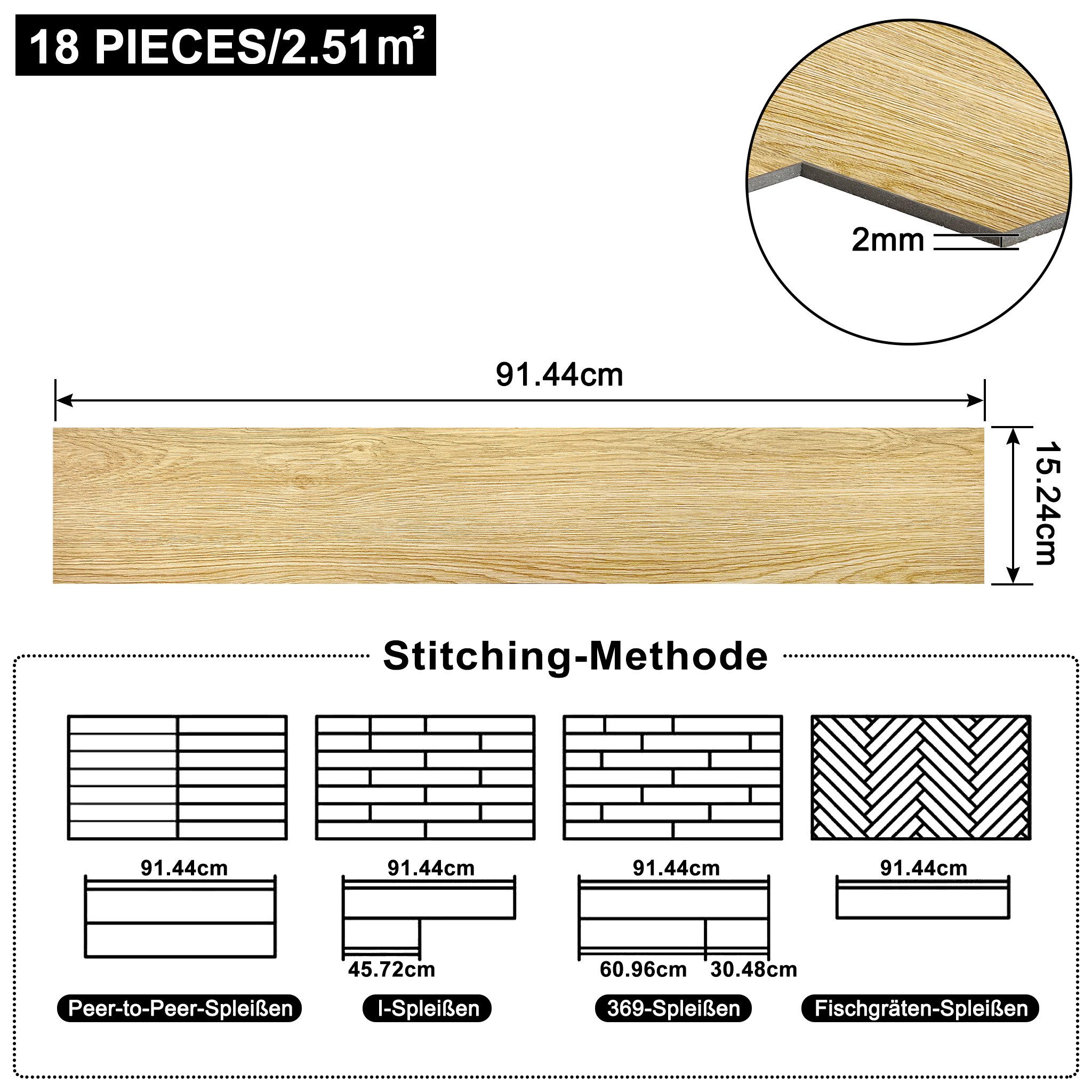 FIVMEN Vinylboden PVC Bodenbelag Selbstklebend, Holzmaserung Dielen, Bodenfliesen, 18/36 Stück, 2.51/5.2 m² Schneidbar Fliesen für Schlafzimmer, Küche
