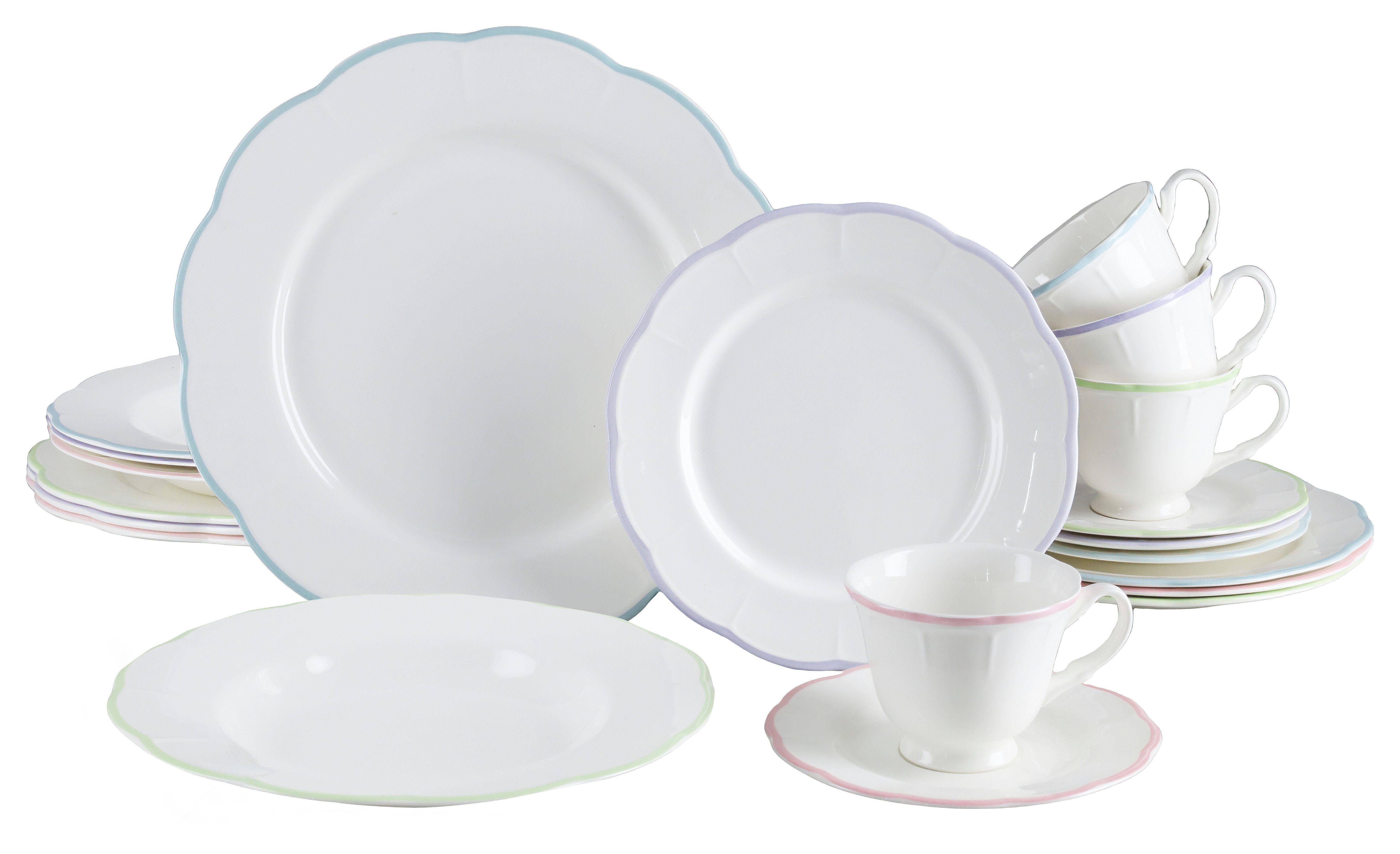 CreaTable Kombiservice Florine Bunt, Service 20-tlg. (20-tlg), 4 Personen, Steingut, Elegant, Klassische Form, Zart gewellte Ränder