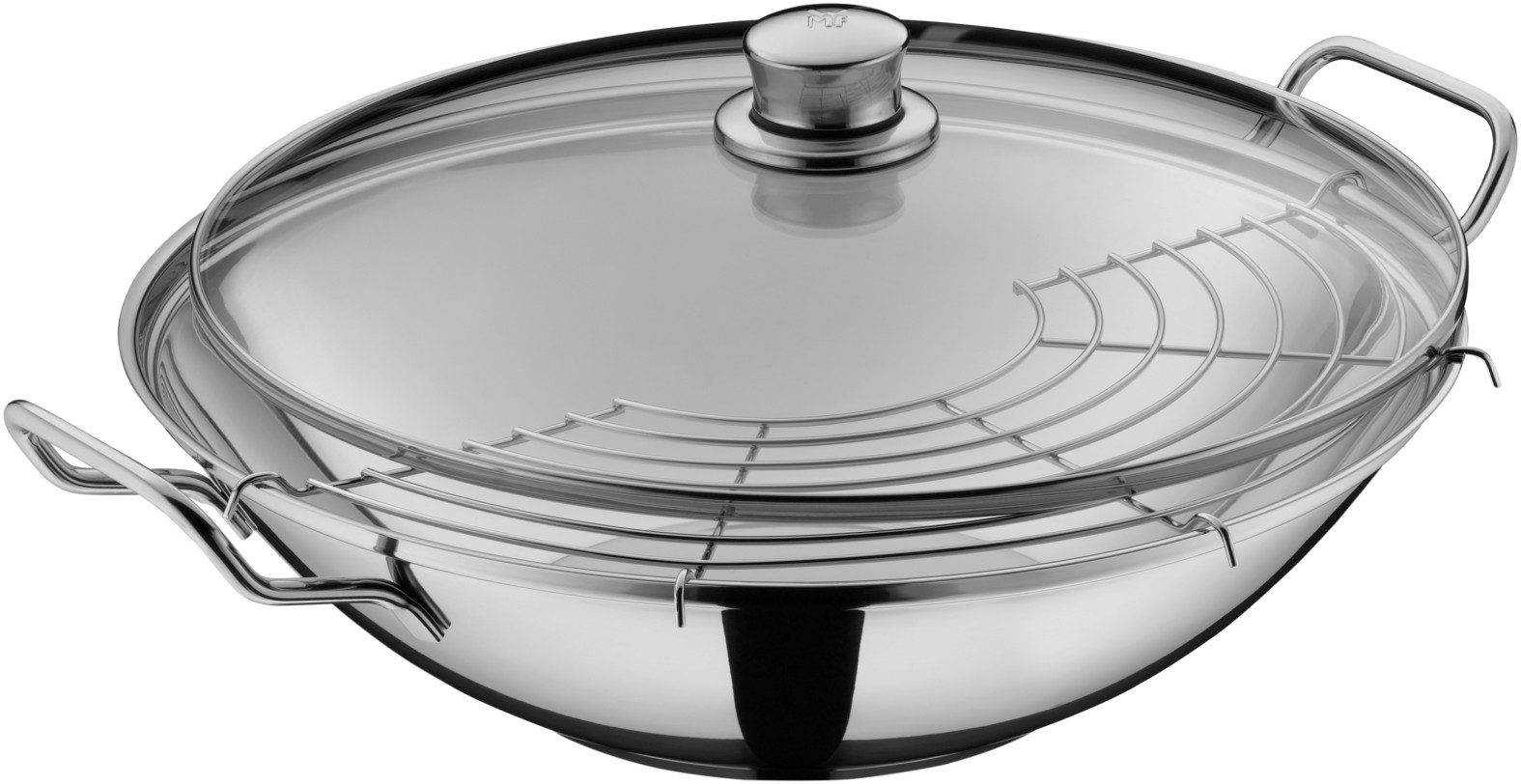 WMF Wok Party Taiwan, Cromargan Edelstahl unbeschichtet (36 cm, 1-tlg., mit Deckel und Ablagegitter), backofengeeignet