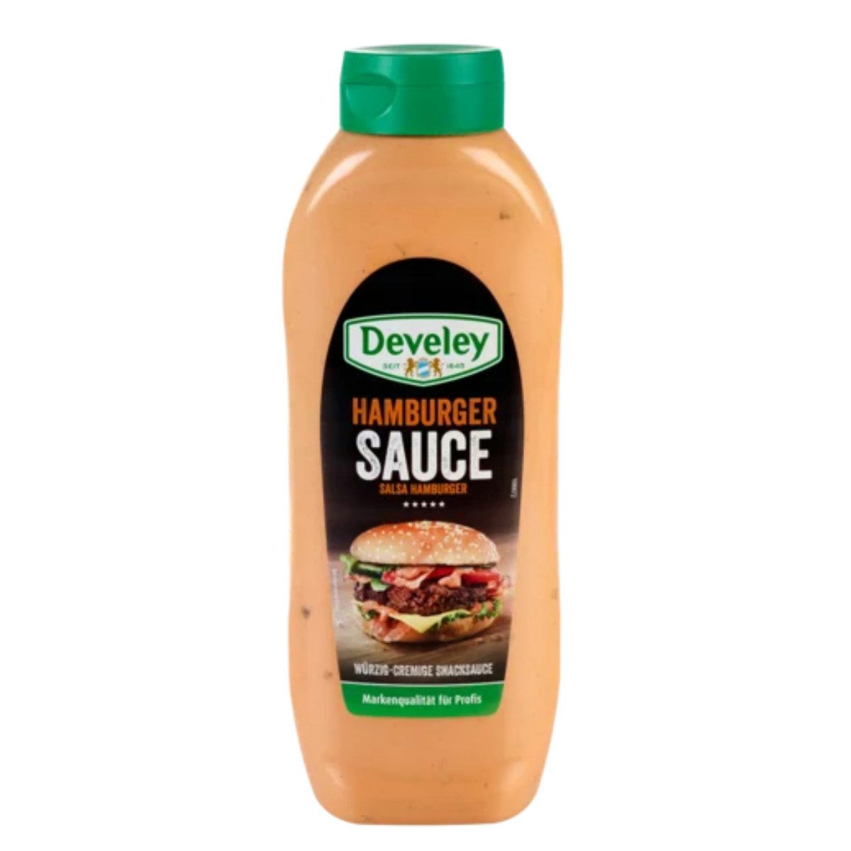 Develey Saucen, Develey Hamburger Sauce vegan in einer Kopfstandflasche 875ml