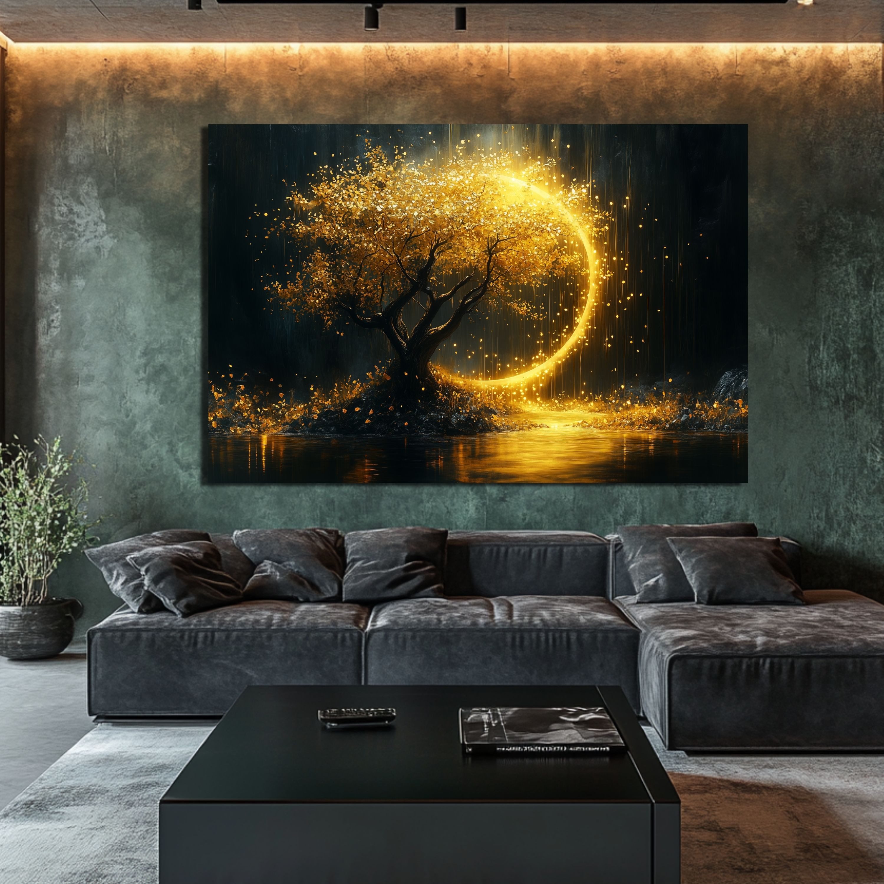DARO Design Leinwandbild Modern Abstrakt Wandbilder XXL Wandbild Wand Deko Leinwand Bilder, (Bäume mit goldenem Mond - Bild groß Wohnzimmer Schlafzimmer Küche E – Bild 2 von 5