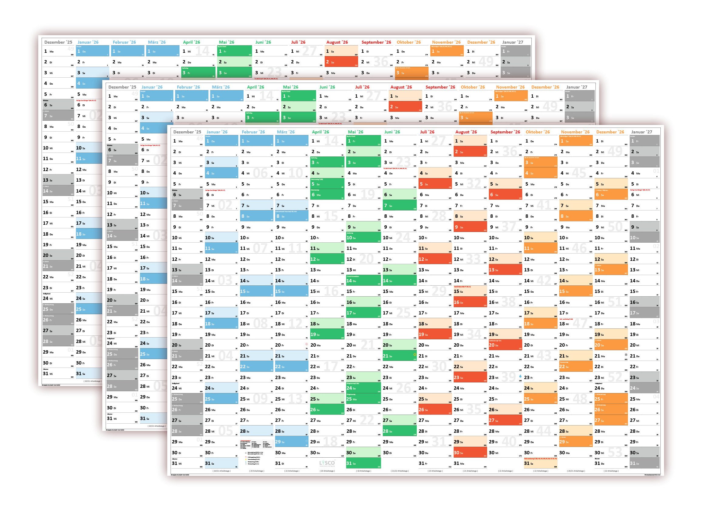 LYSCO Настенный календарь Rainbow Premium Classic2 Wandplaner 2026 (gerollt), erhältlich in den Formaten DIN A2, DIN A1 und DIN A0, Rainbow Календари Terminkalender Bürokalender Jahreskalender