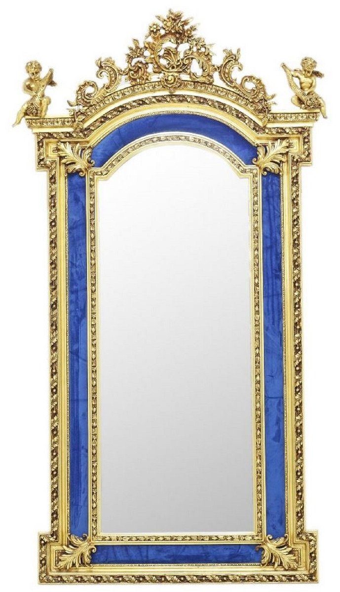 Casa Padrino Barockspiegel Barock Standspiegel mit dekorativen Engelsfiguren Royalblau / Gold - Handgefertigter Massivholz Spiegel im Barockstil - Barock Möbel - Edel & Prunkvoll