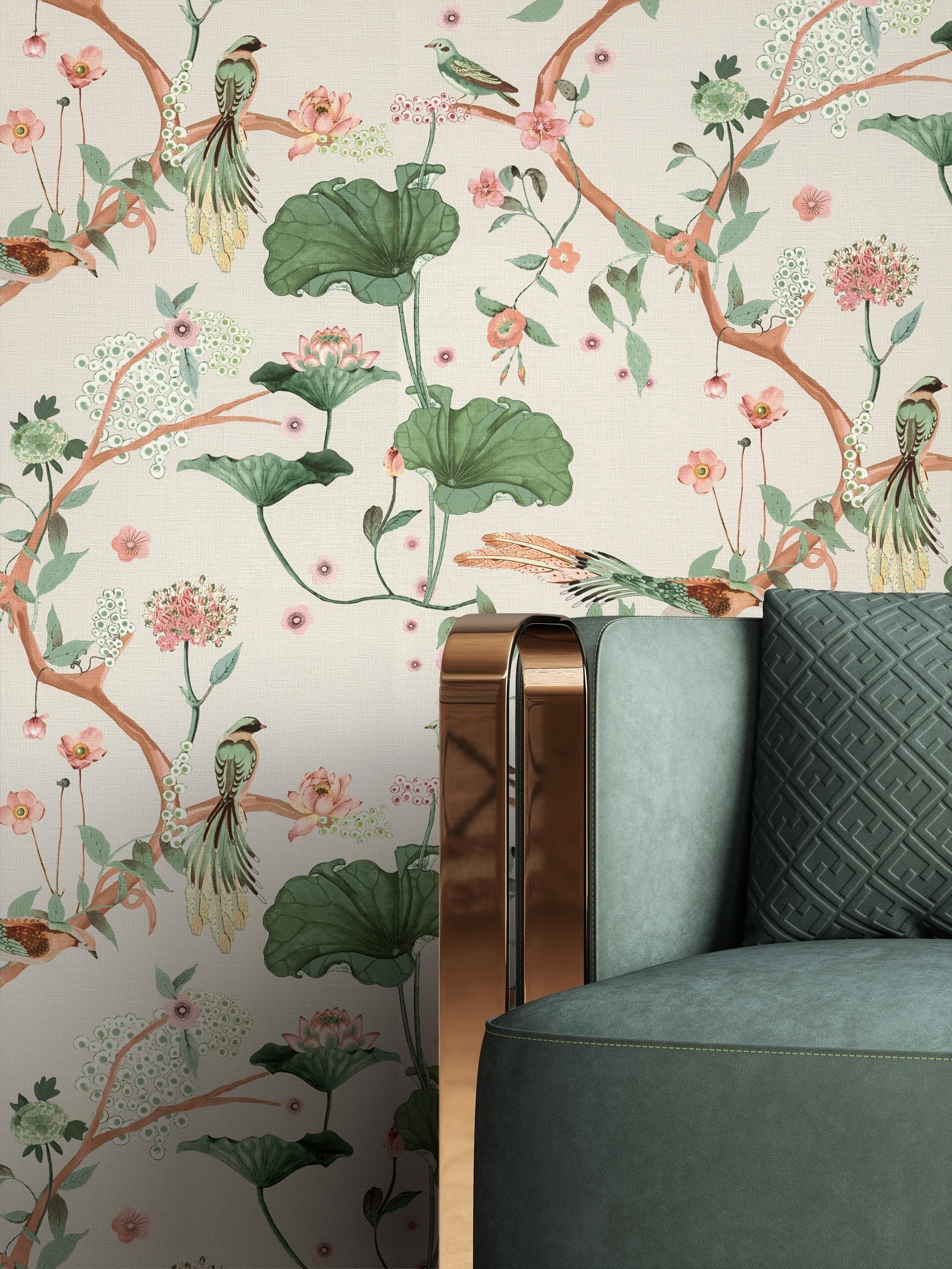 Newroom Vliestapete, Creme Tapete Floral Blumen - Blütentapete Blumentapete Grün Rose Asiatisch 3D Optik Vögel Zweige für Schlafzimmer Wohnzimmer Küche