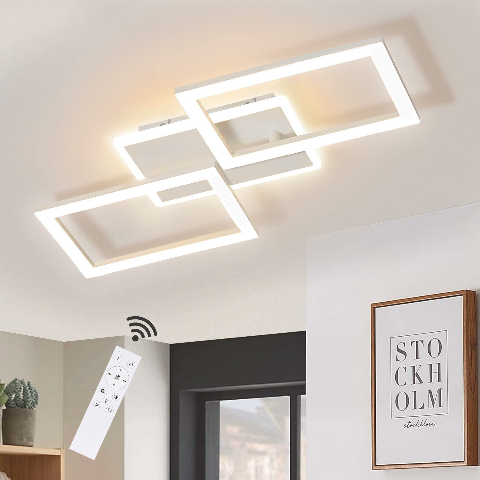 Rechtecken LED fest für LEDs Deckenleuchte Weiß LED integriert, Dimmbar, Modern Schlafzimmer Kristall 57*48cm, ZMH warmweiß-kaltweiß, Drei