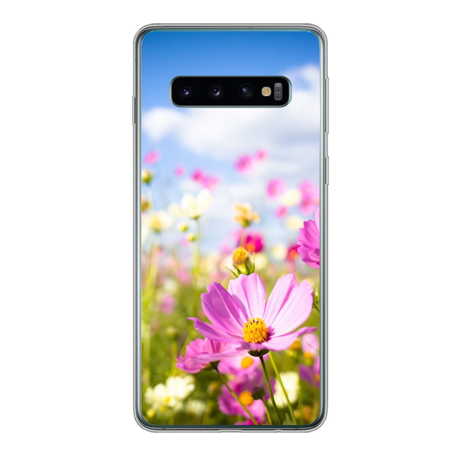 MuchoWow Handyhülle für Samsung Galaxy S10 Blumen - Wiese - Lila - Gras - Weiß - Wolken -, Phone Case, Silikon, Schutzhülle Dünn