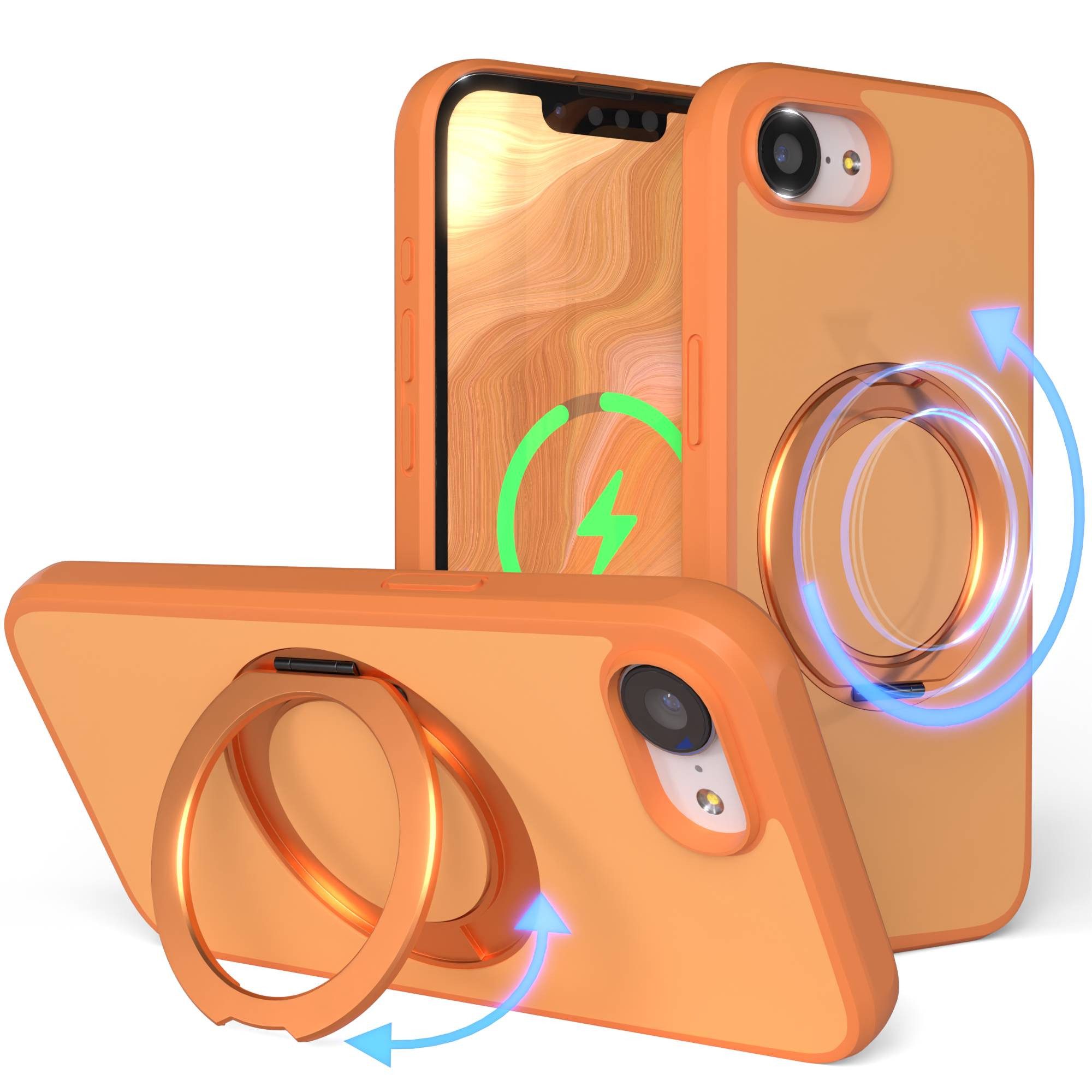 EAZY CASE Handyhülle Outdoor Apple iPhone 16e Case MagSafe Rotation Ring 6,1 Zoll, Slimcover Handyhülle Outdoor zum Aufstellen mit Ring modern in Orange